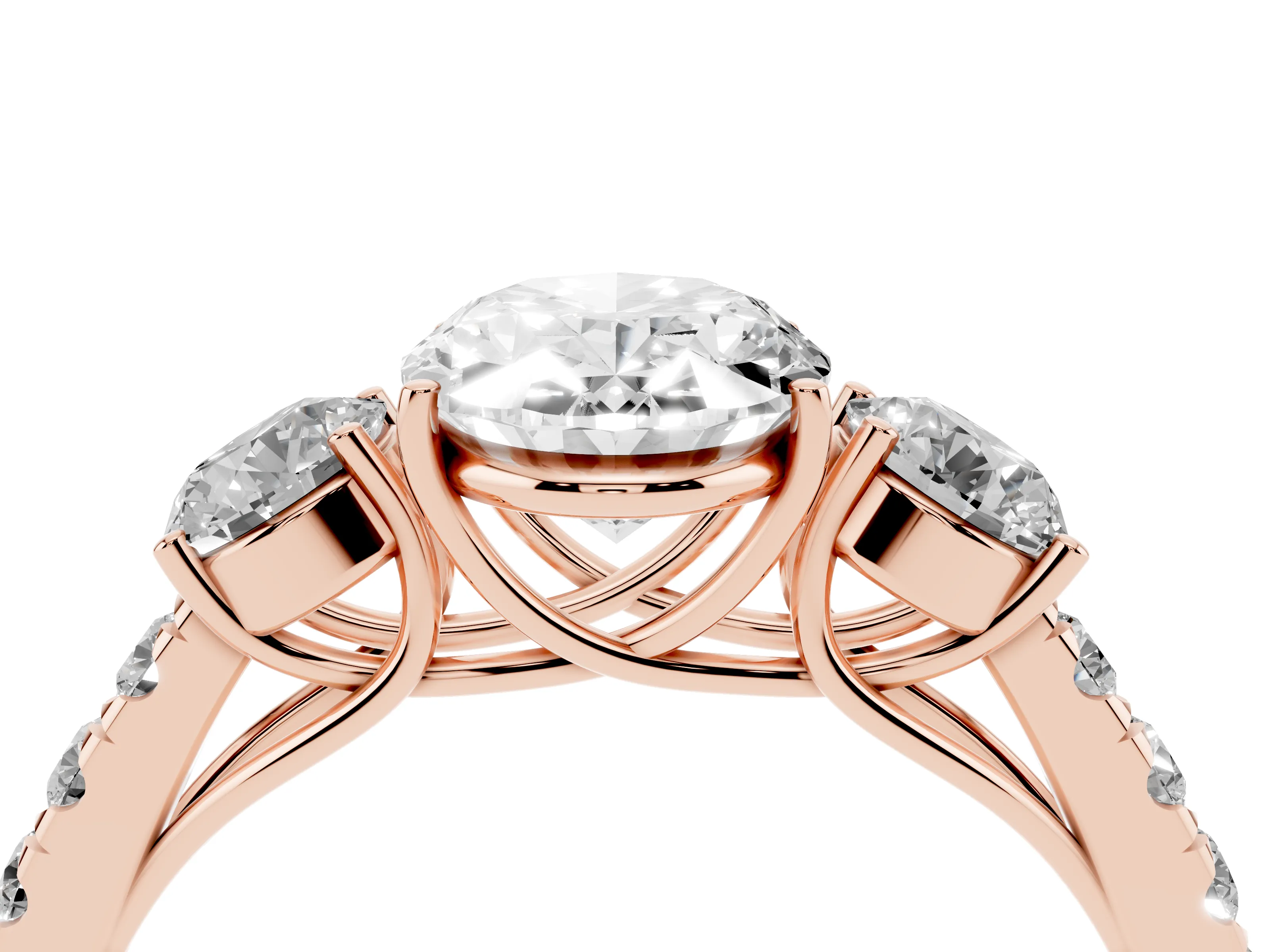 Oval Cut Diamond Three-Stone Ring Set in Rose gold with Round Side Stones and Delicate Pavé Band