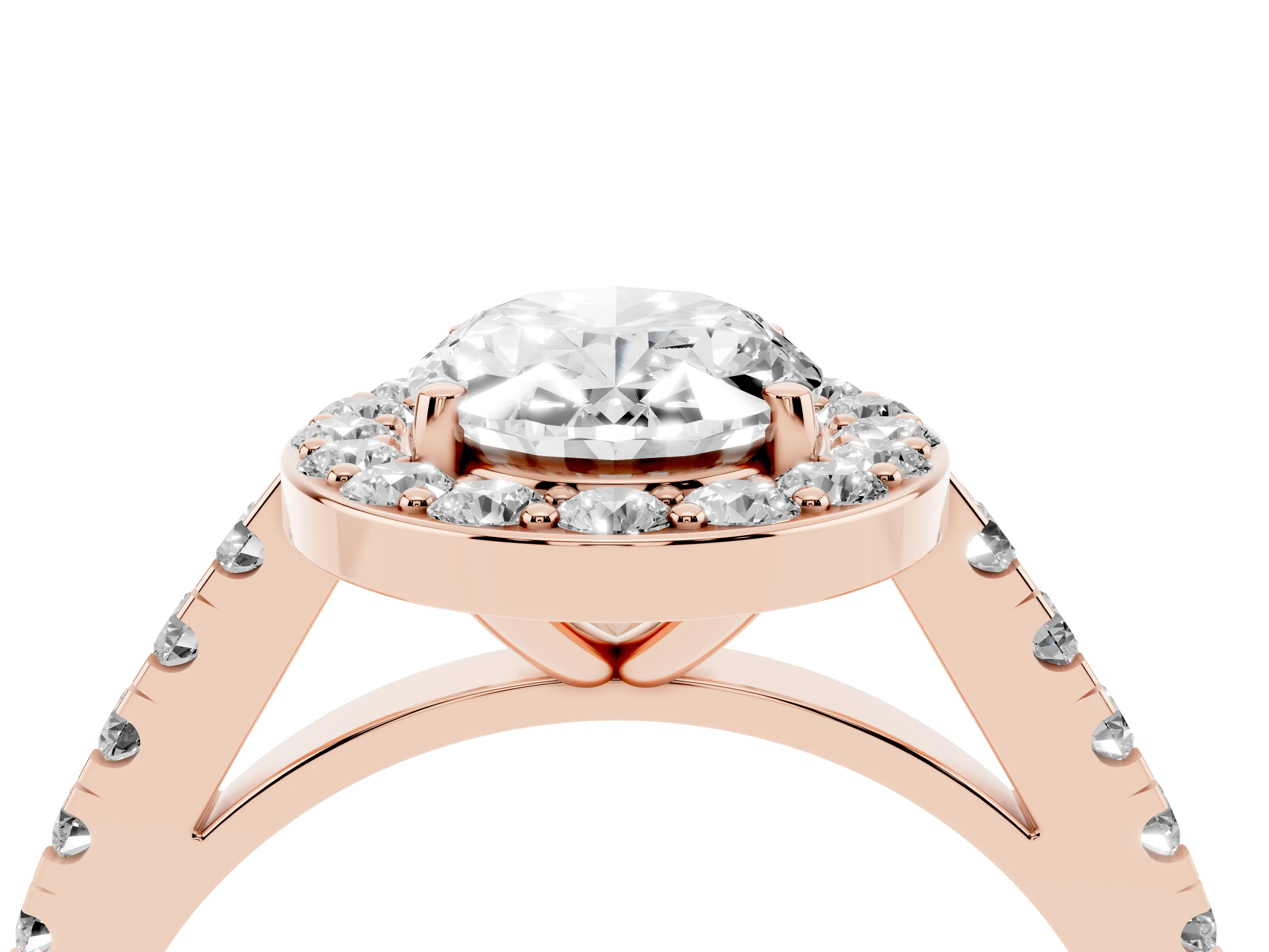 Oval Cut Diamond Halo Ring Set in Rose gold with Round Pavé Split Shank and Prong Setting