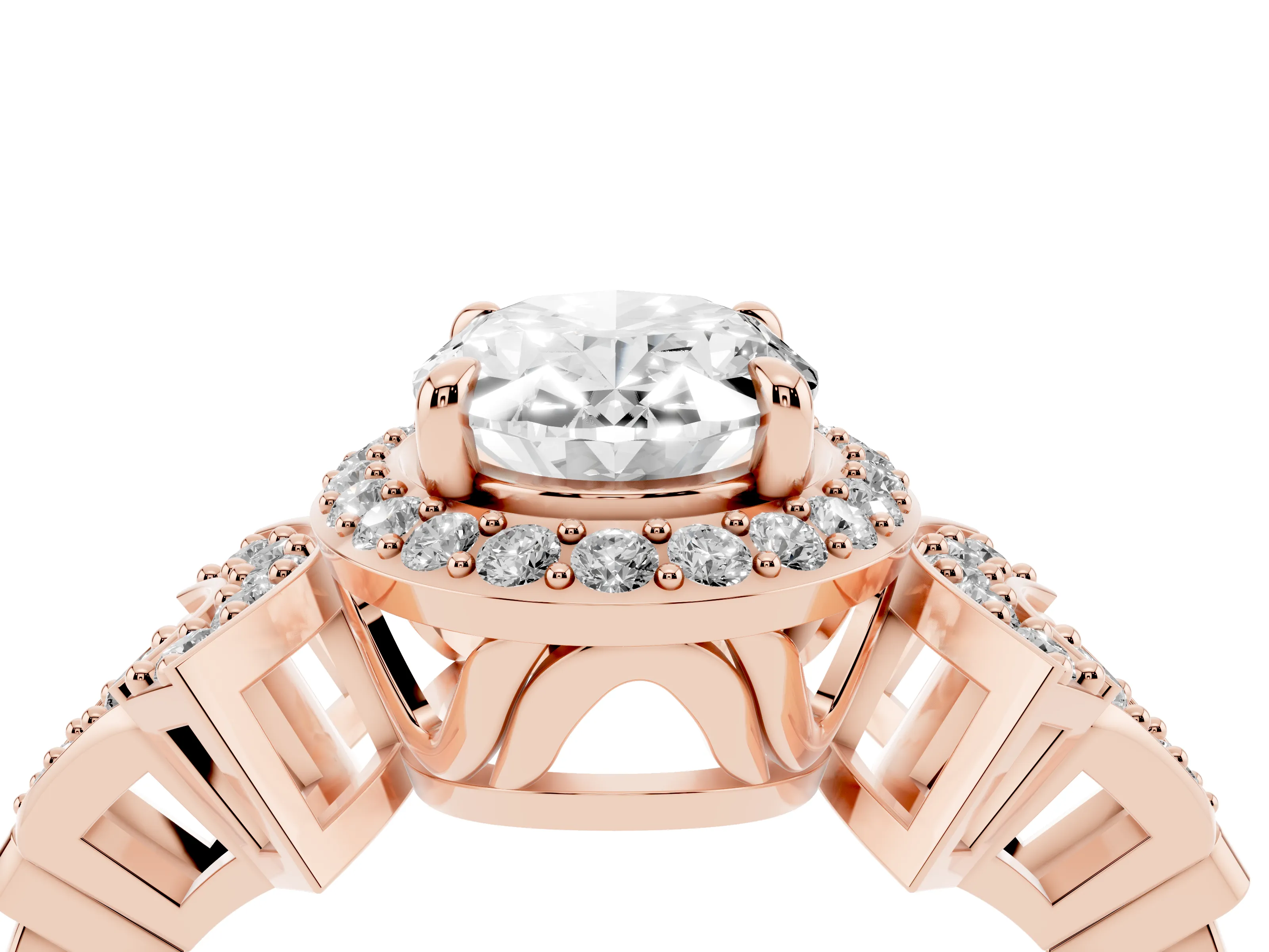 Oval Cut Diamond Halo Engagement Ring Set in Rose gold with Accent Stone Split Shank