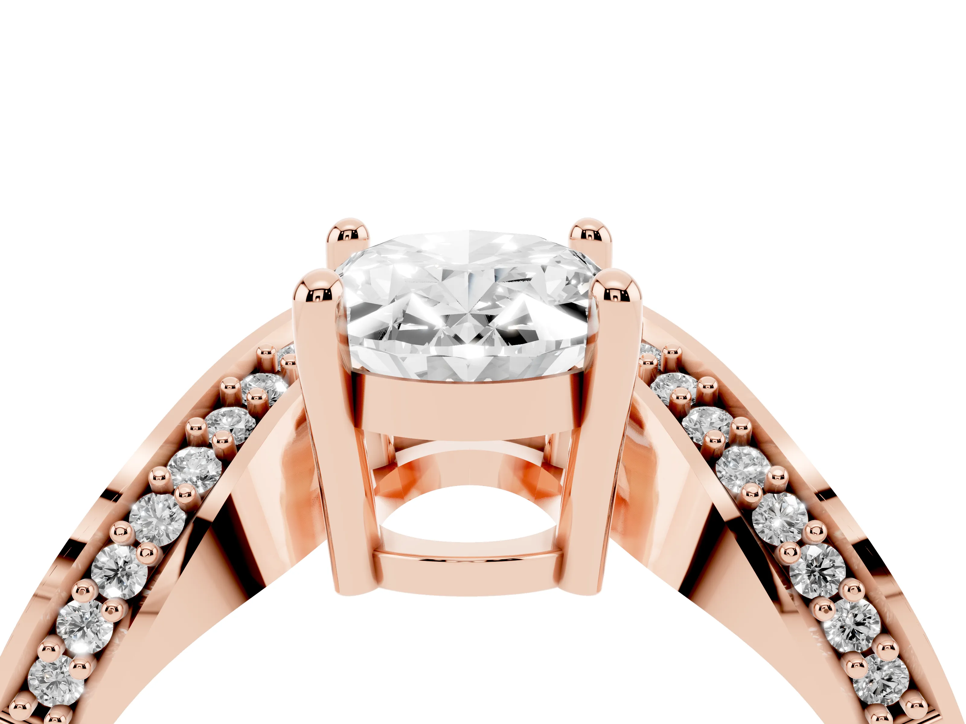 Oval Cut Diamond Solitaire Engagement Ring Set in Rose gold with Pavé Shoulders