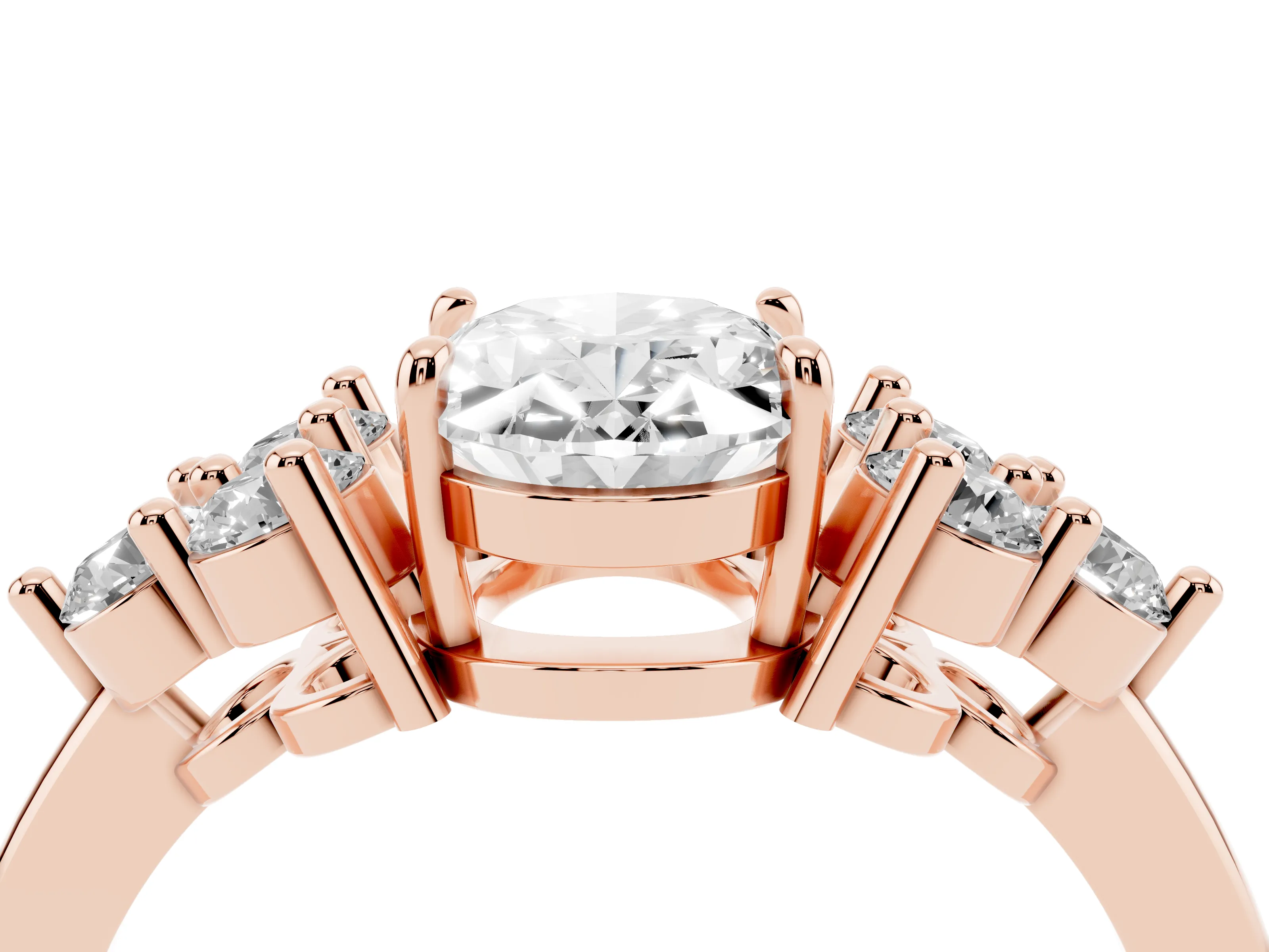 Oval Cut Diamond Solitaire Ring Set in Rose gold with Cluster Accents on Each Side
