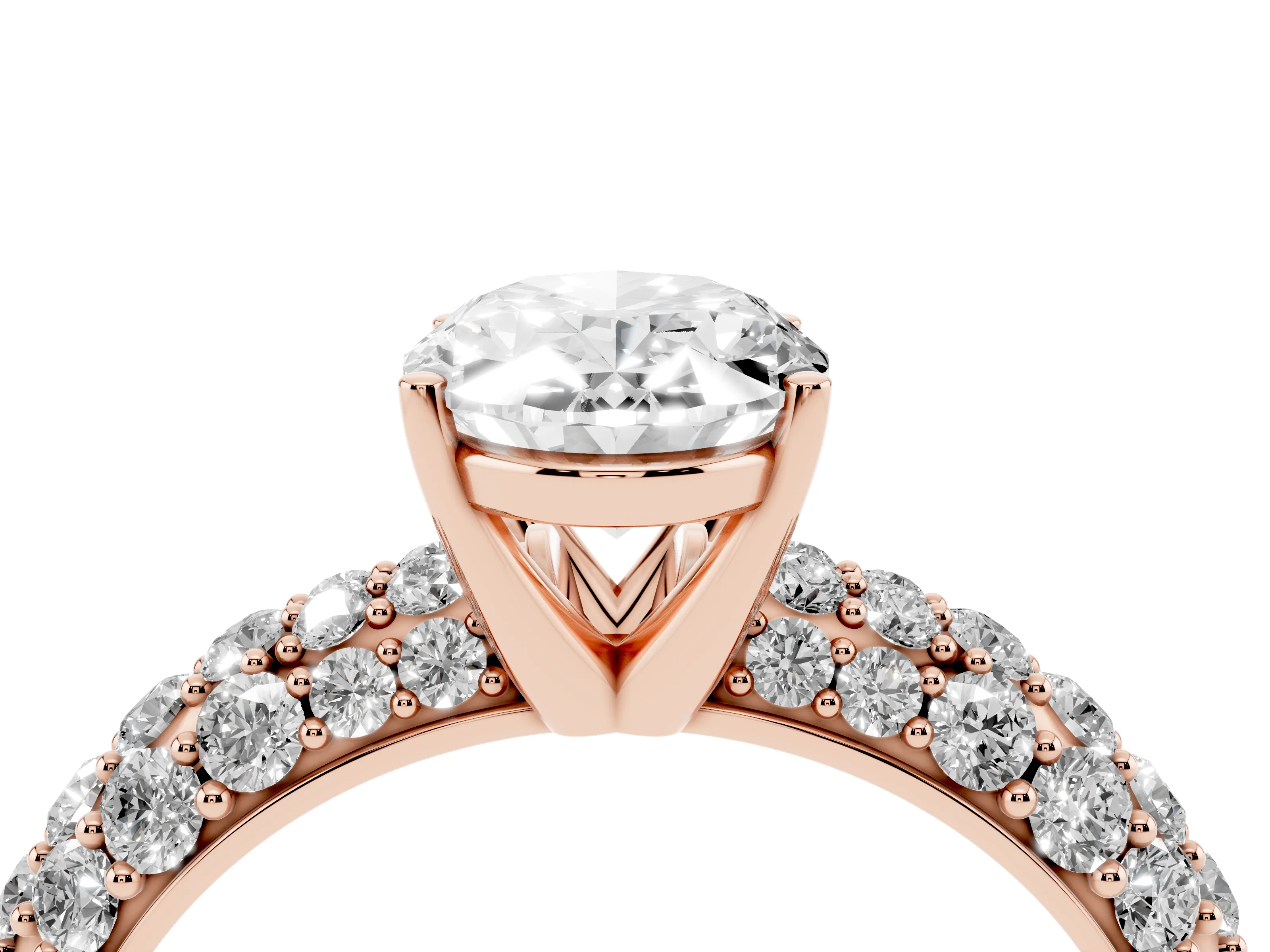 Oval Cut Diamond Pavé Band Solitaire Ring Set in Rose gold with Close-Set Accent Stones and Prong Setting