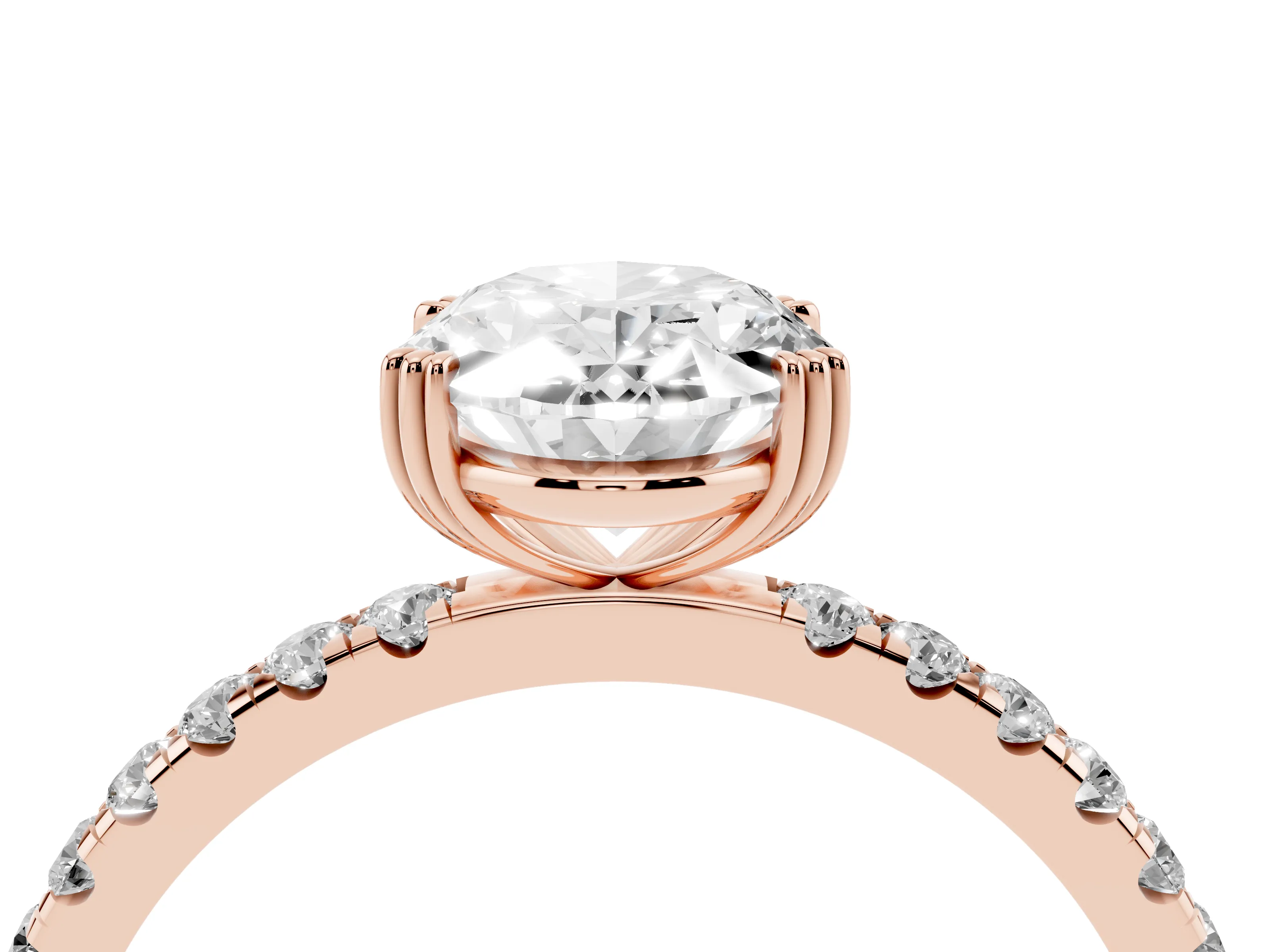 Oval Cut Diamond Brilliant Solitaire Set in Rose gold with Pavé Band and Claw Prong Setting