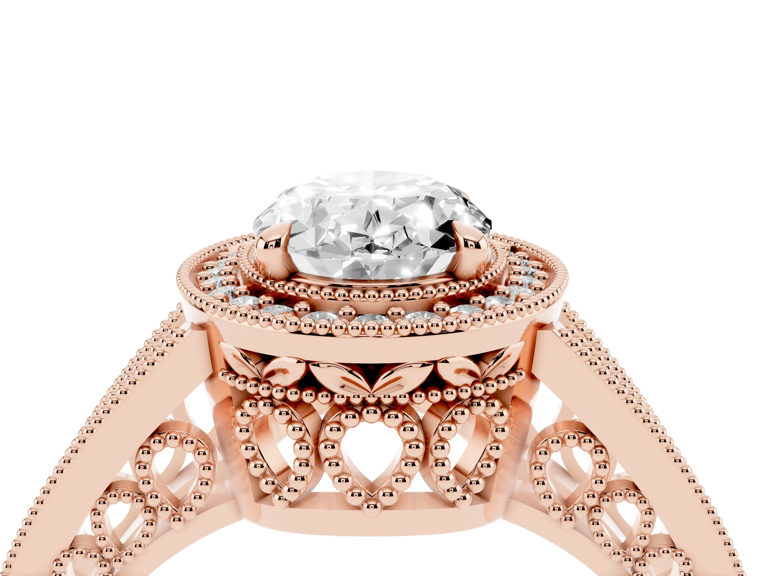 Oval Cut Diamond Halo Ring Set in Rose gold with Stone-Set Split Shank and Milgrain Edges
