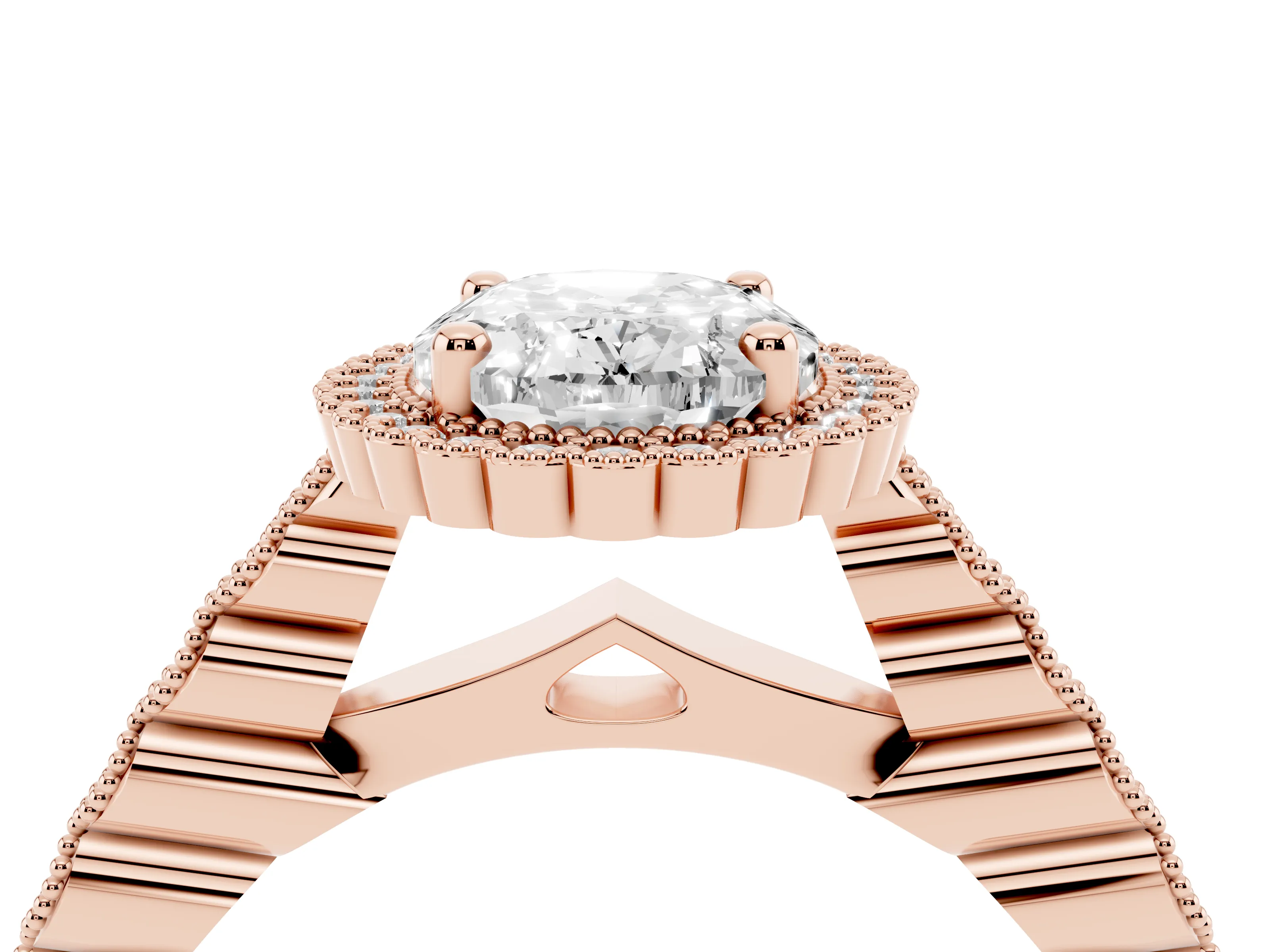 Oval Cut Diamond Halo Ring Set in Rose gold with Pavé Milgrain Band