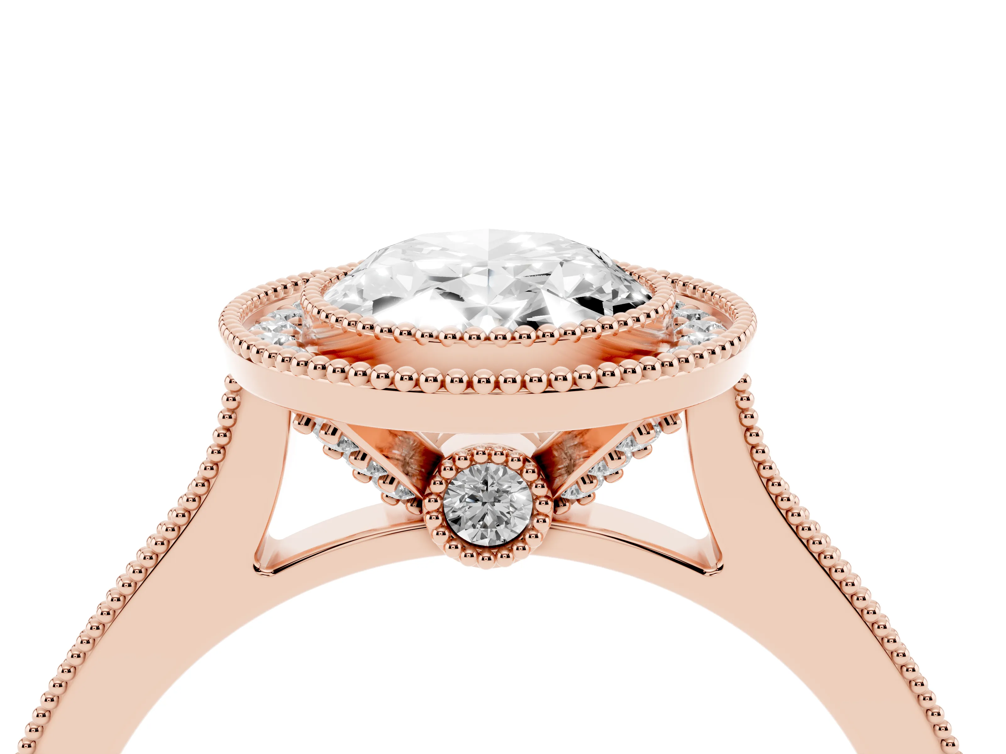 Oval Cut Diamond Halo Milgrain Pavé Band Ring Set in Rose gold with Prong Setting