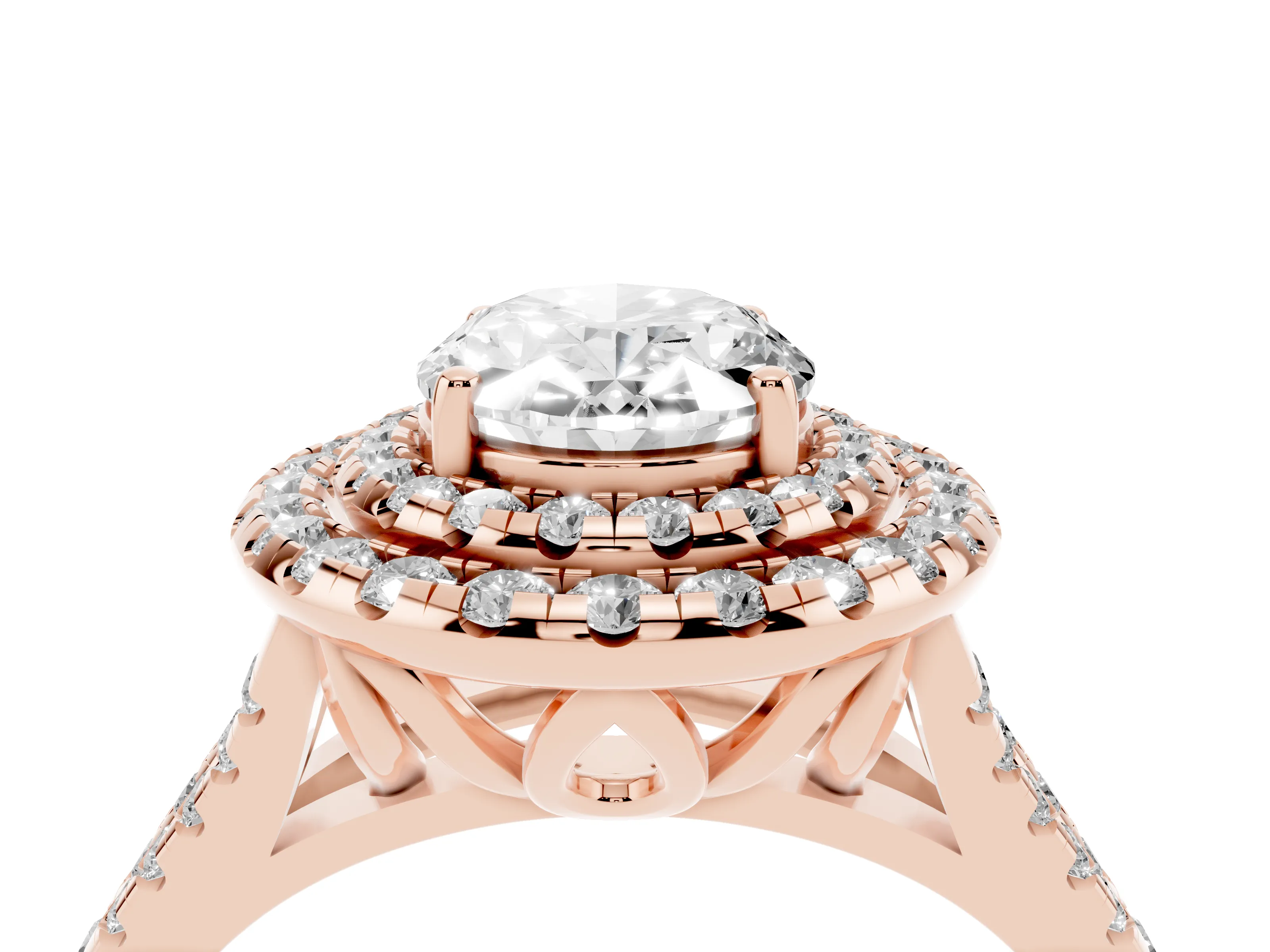 Oval Cut Diamond Double Halo Ring Set in Rose gold with Pavé Split Shank and Prong Setting