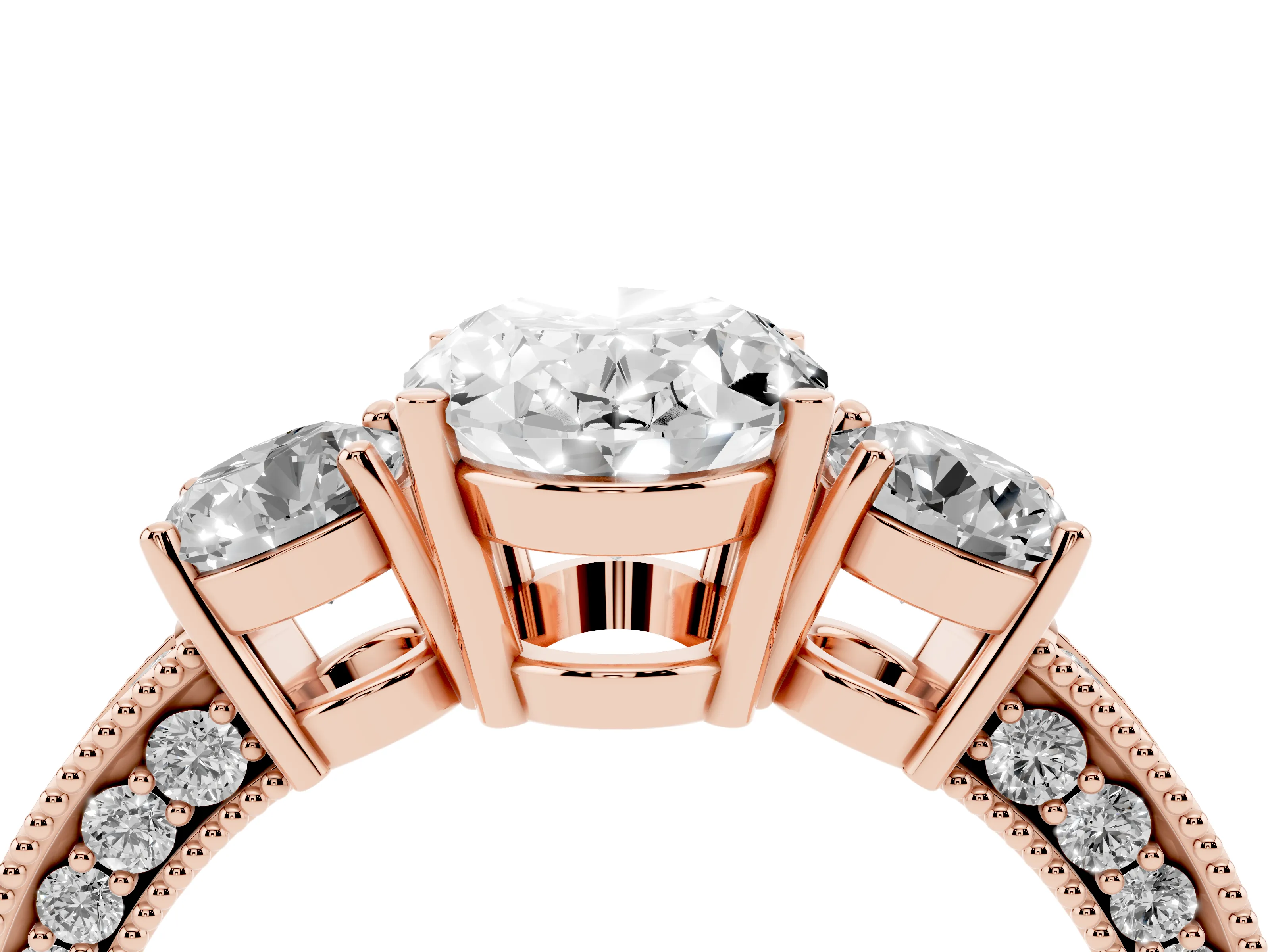 Oval Cut Diamond Three-Stone Ring Set in Rose gold with Round Side Stones and Pavé Band