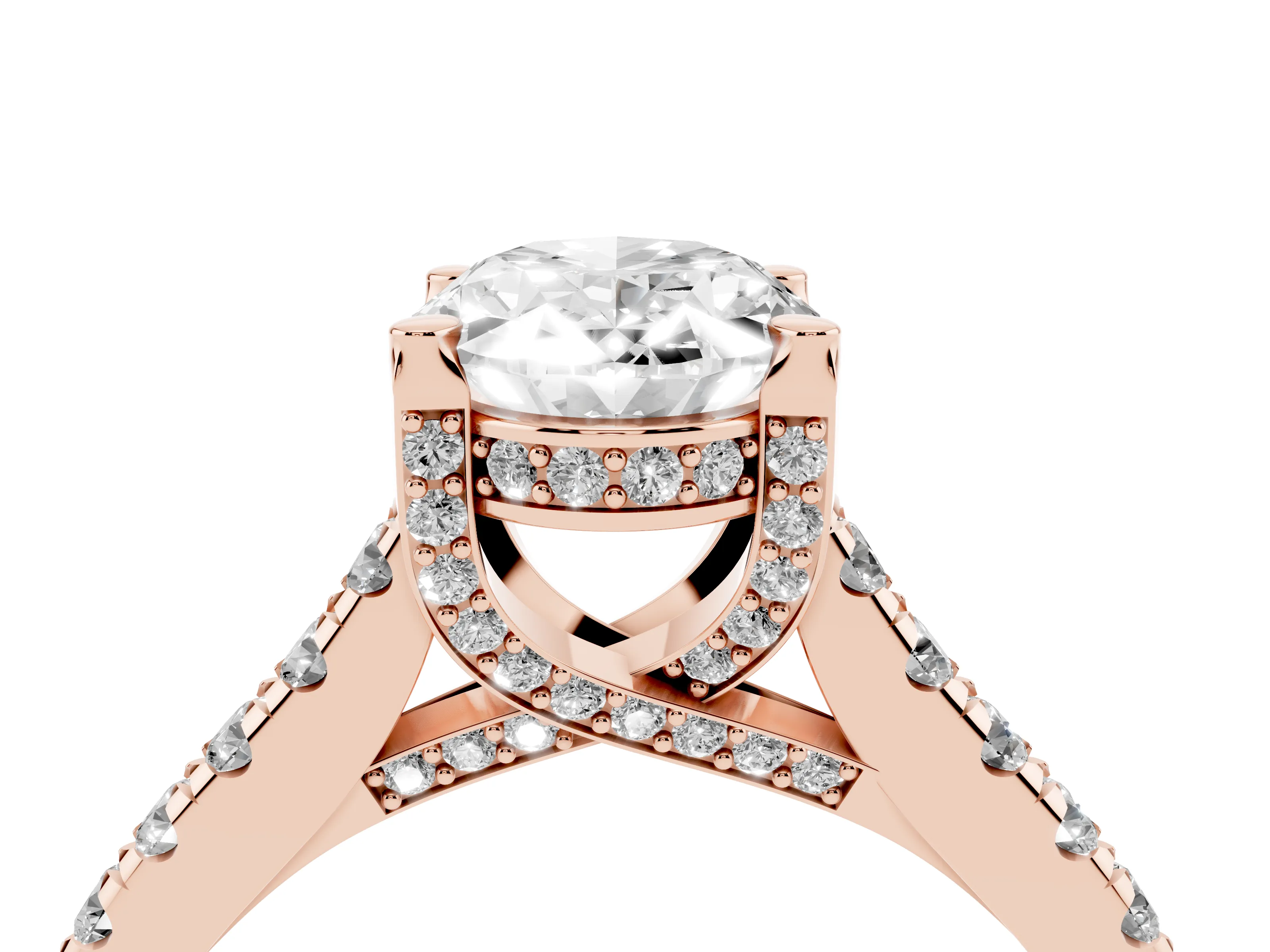 Oval Cut Diamond Solitaire Ring Set in Rose gold with Brilliant Pavé Band and Prong Setting