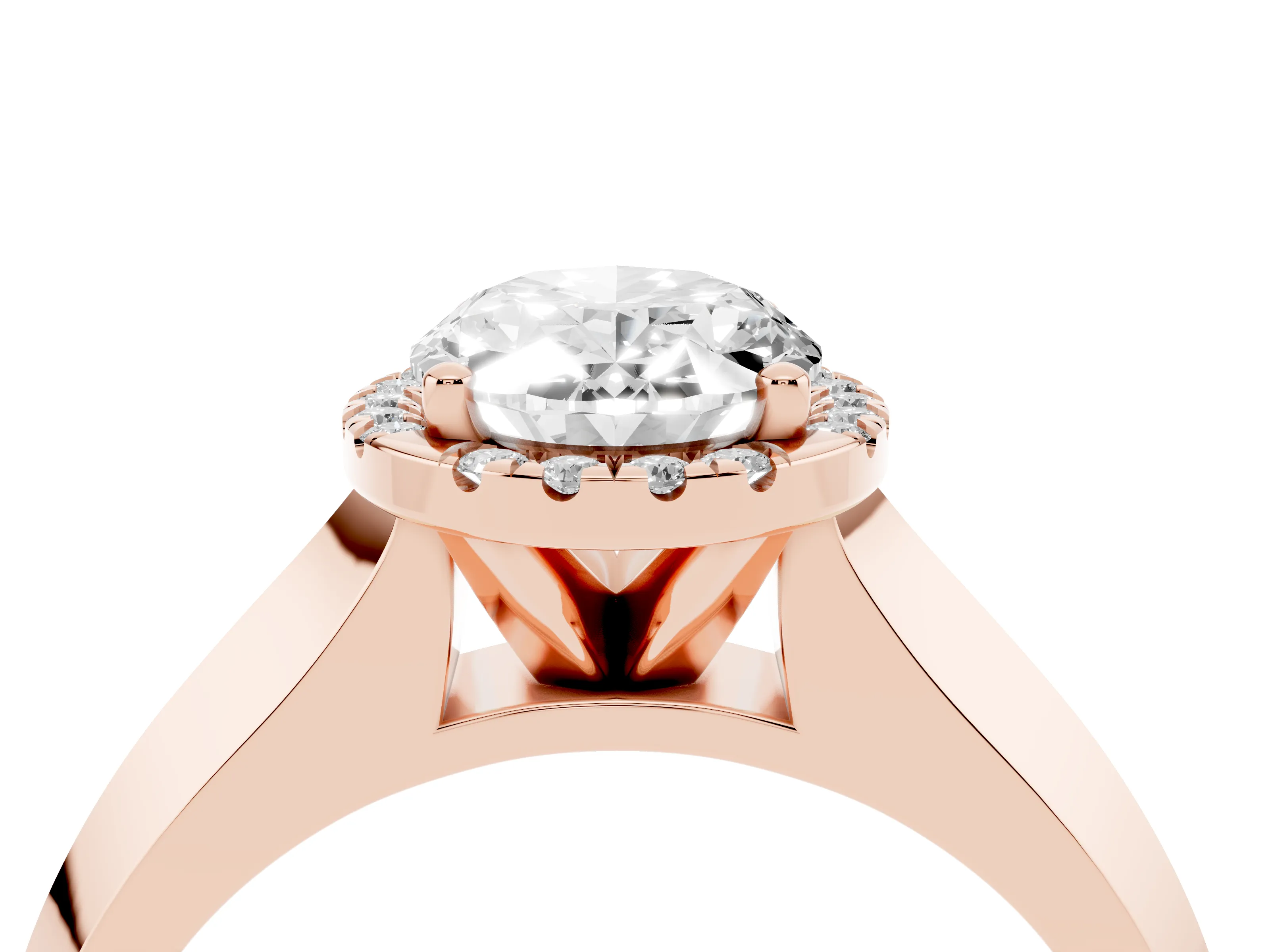 Oval Cut Diamond Halo Ring Set in Rose gold with Cathedral Band and Prong Setting