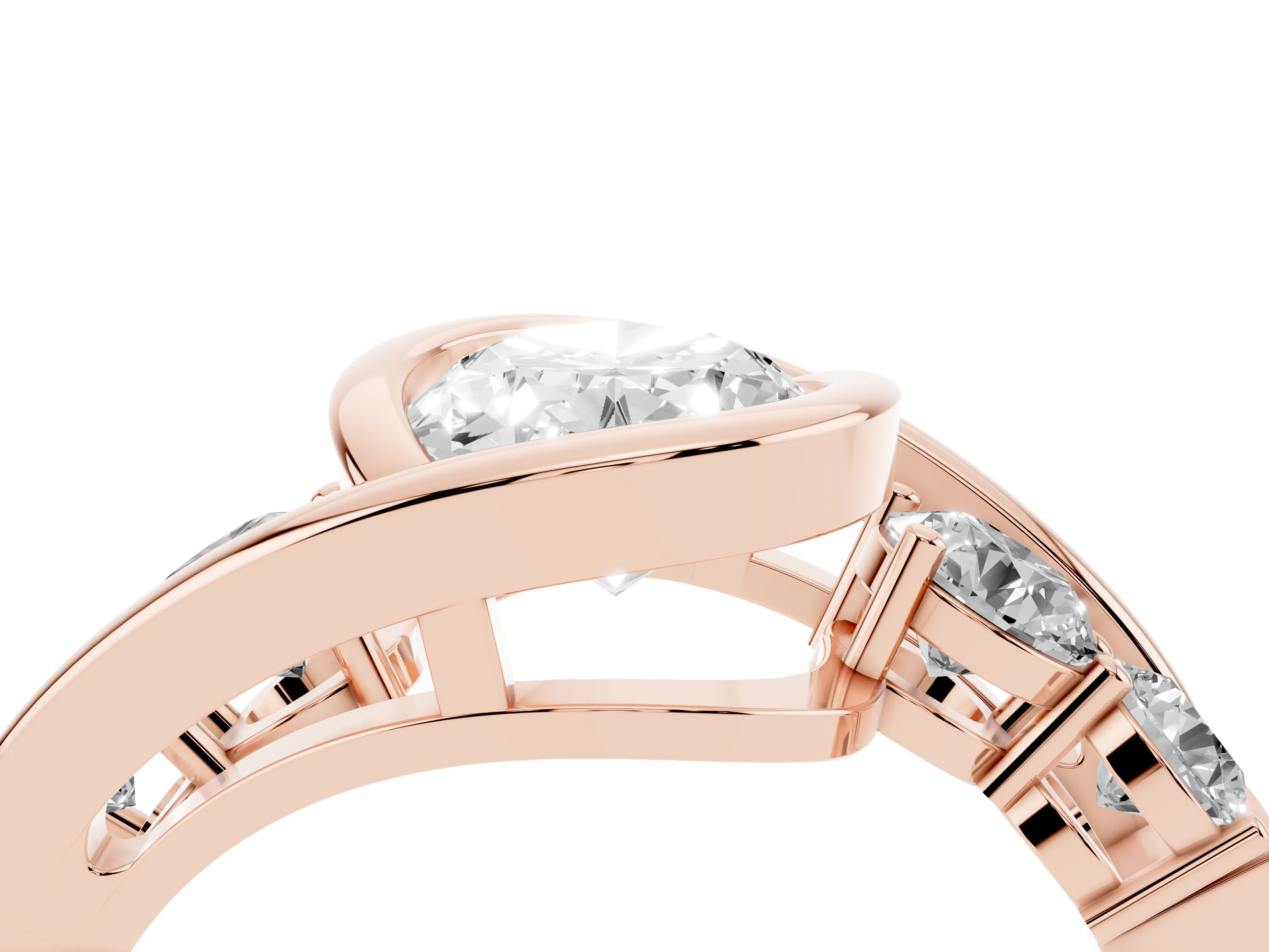 Oval Cut Diamond Bezel Bypass Ring Set in Rose gold with Round Accents