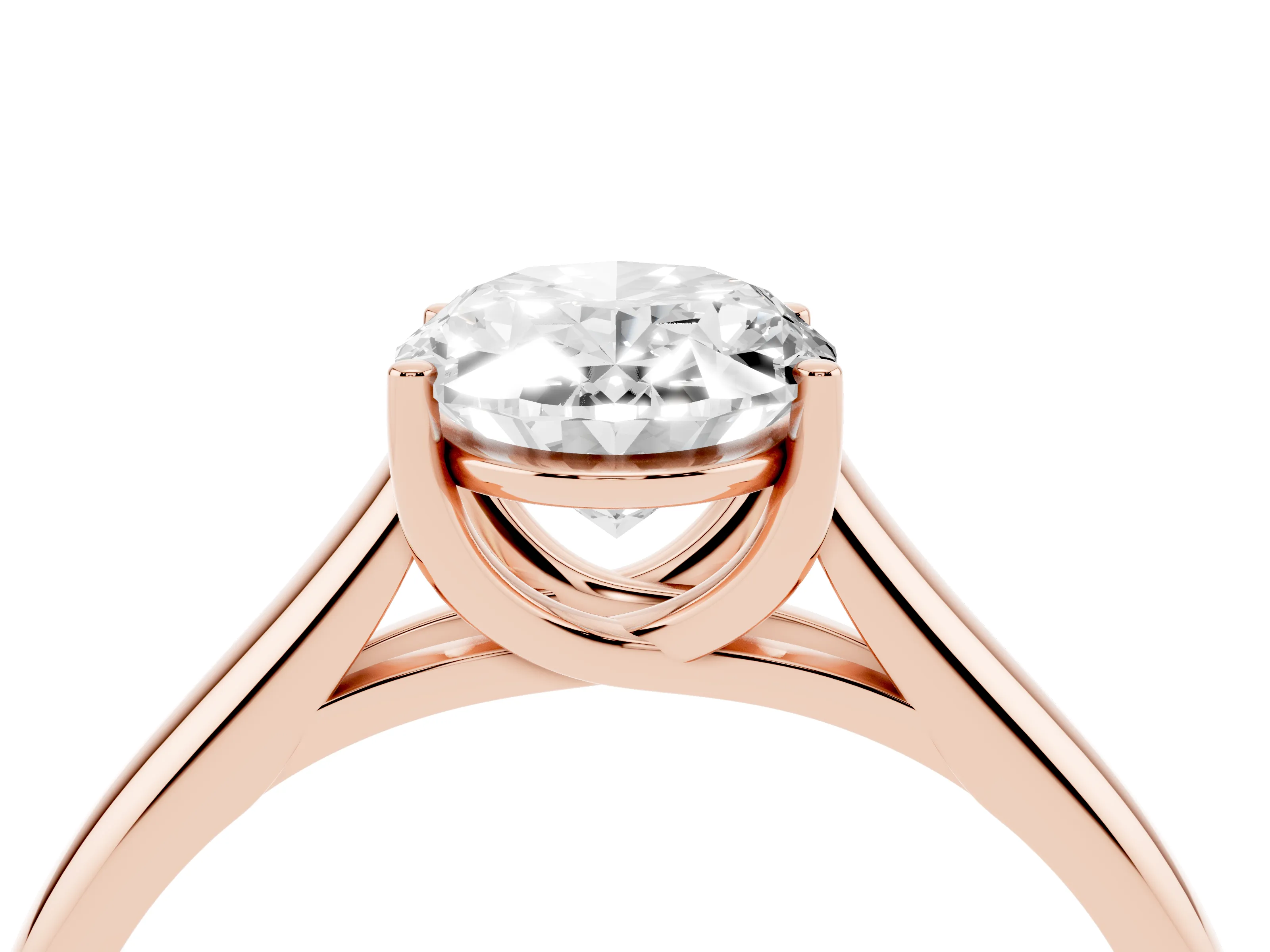 Oval Cut Diamond Solitaire Engagement Ring Set in Rose gold with Subtly Tapered Band and Prong Setting