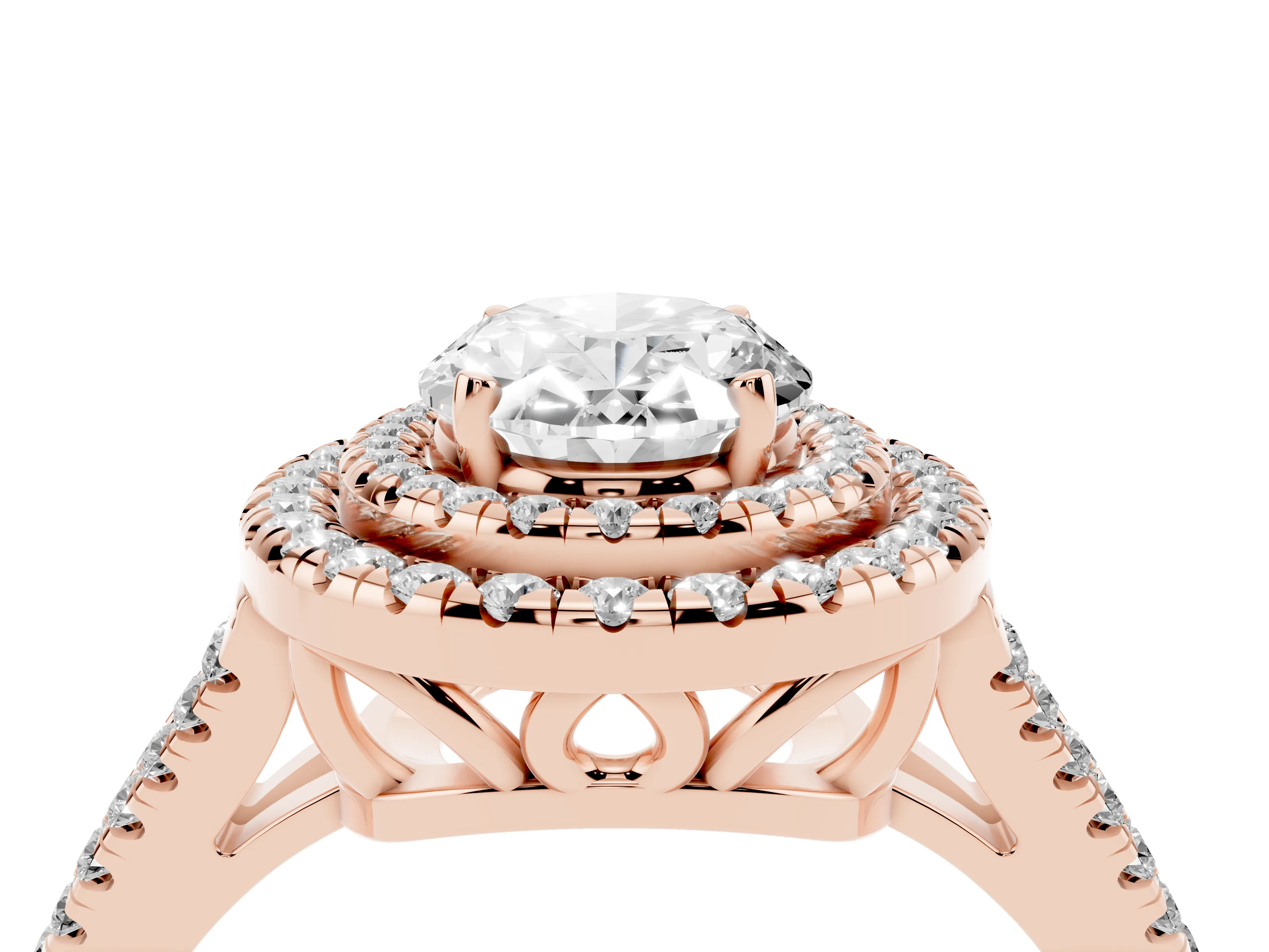 Oval Cut Diamond Double Halo Ring Set in Rose gold with Pavé Band