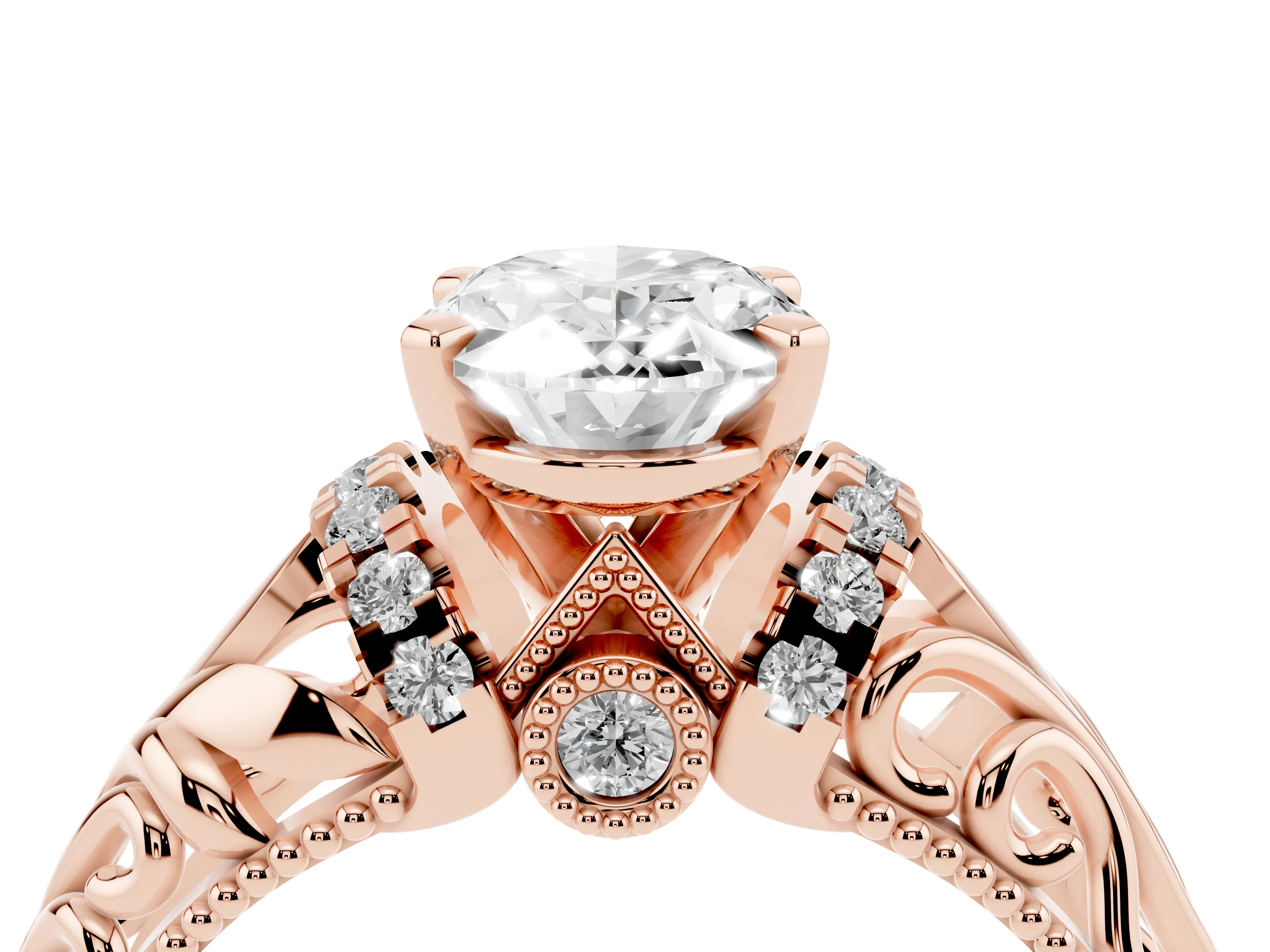 Oval Cut Diamond Filigree Halo Engagement Ring Set in Rose gold with Prong Setting