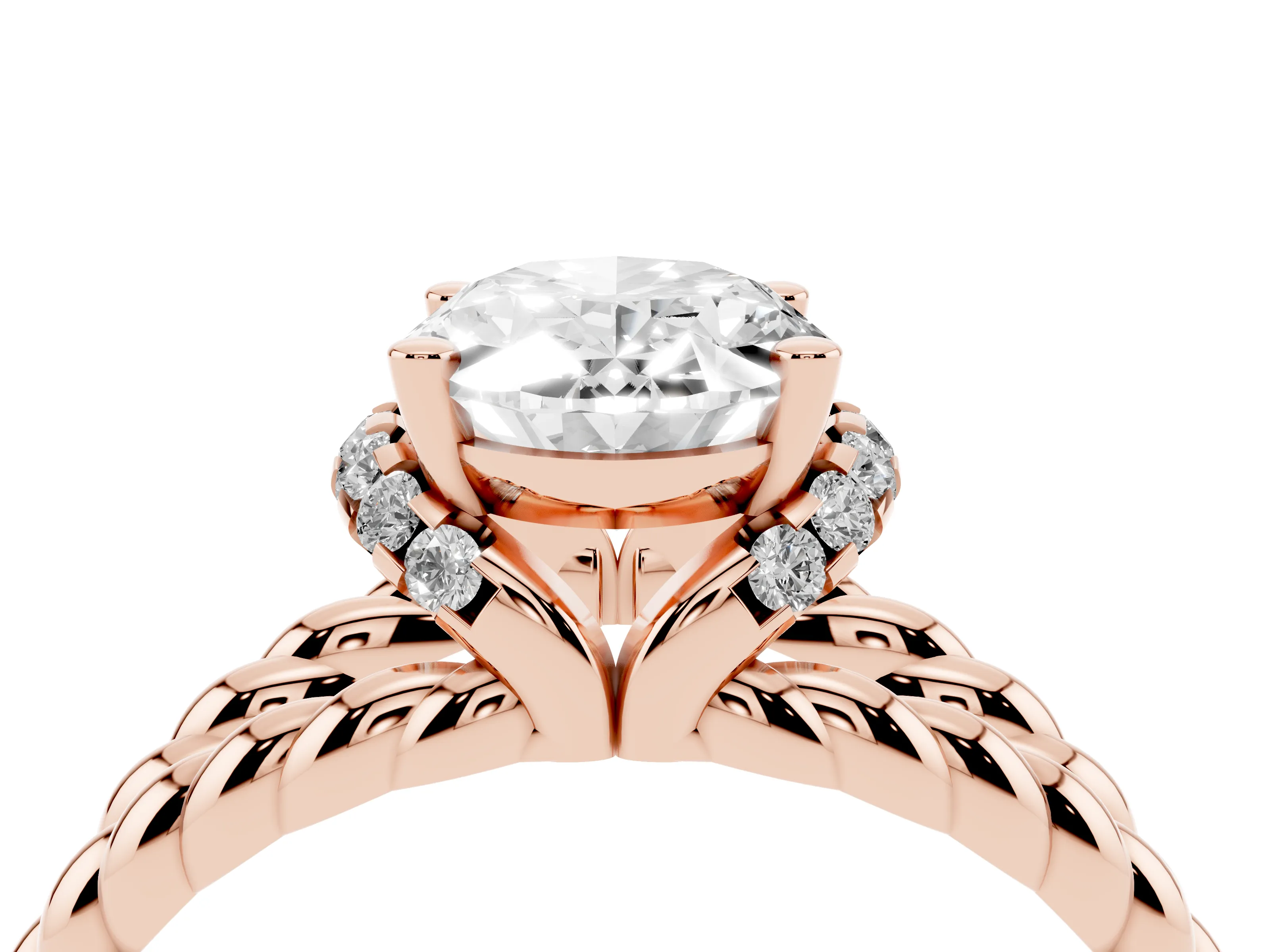 Oval Cut Diamond Halo Ring Set in Rose gold with Twisted Band and Prong Setting