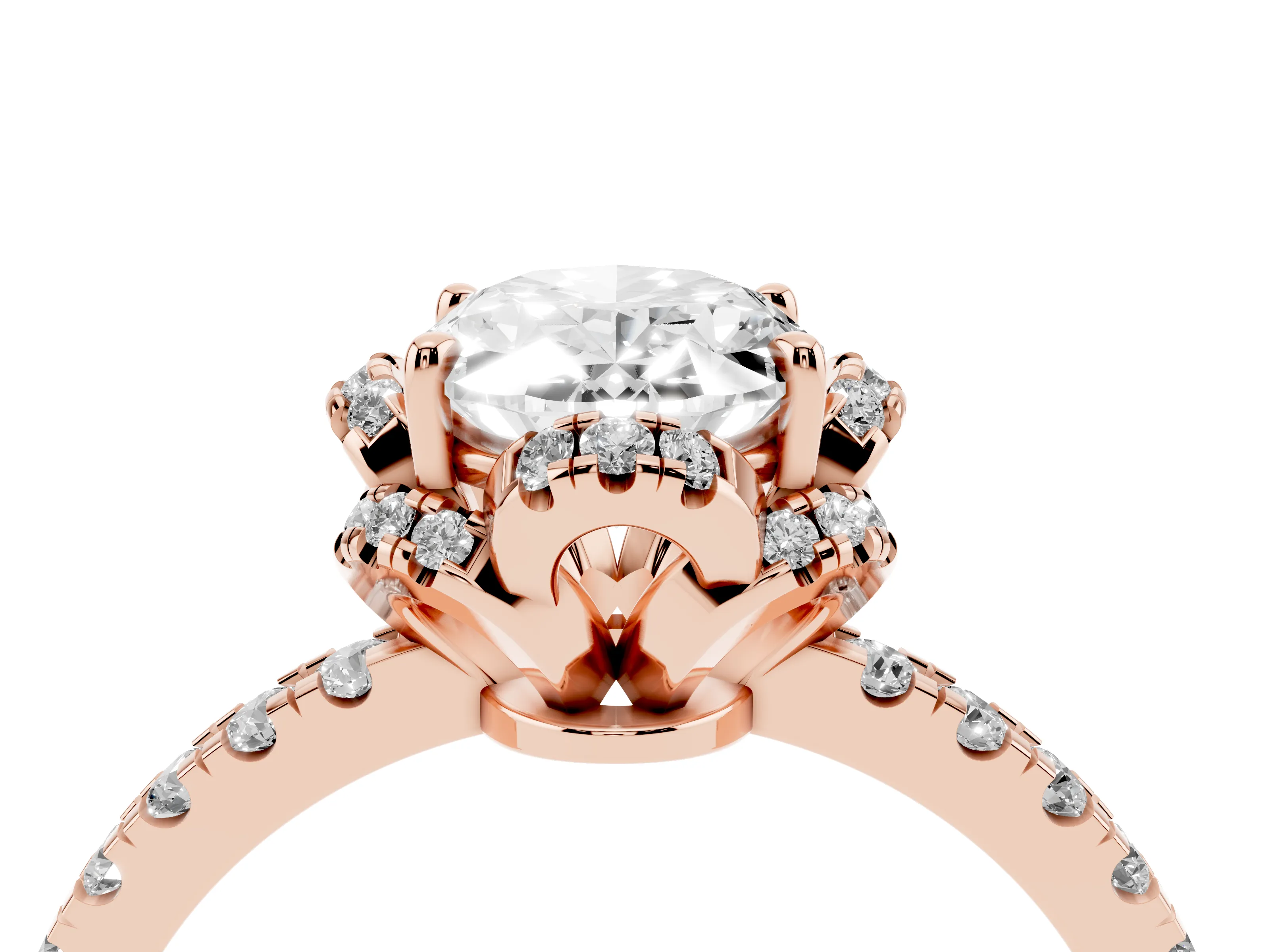 Oval Cut Diamond Halo Pavé Band Ring Set in Rose gold with Prong-Held Center