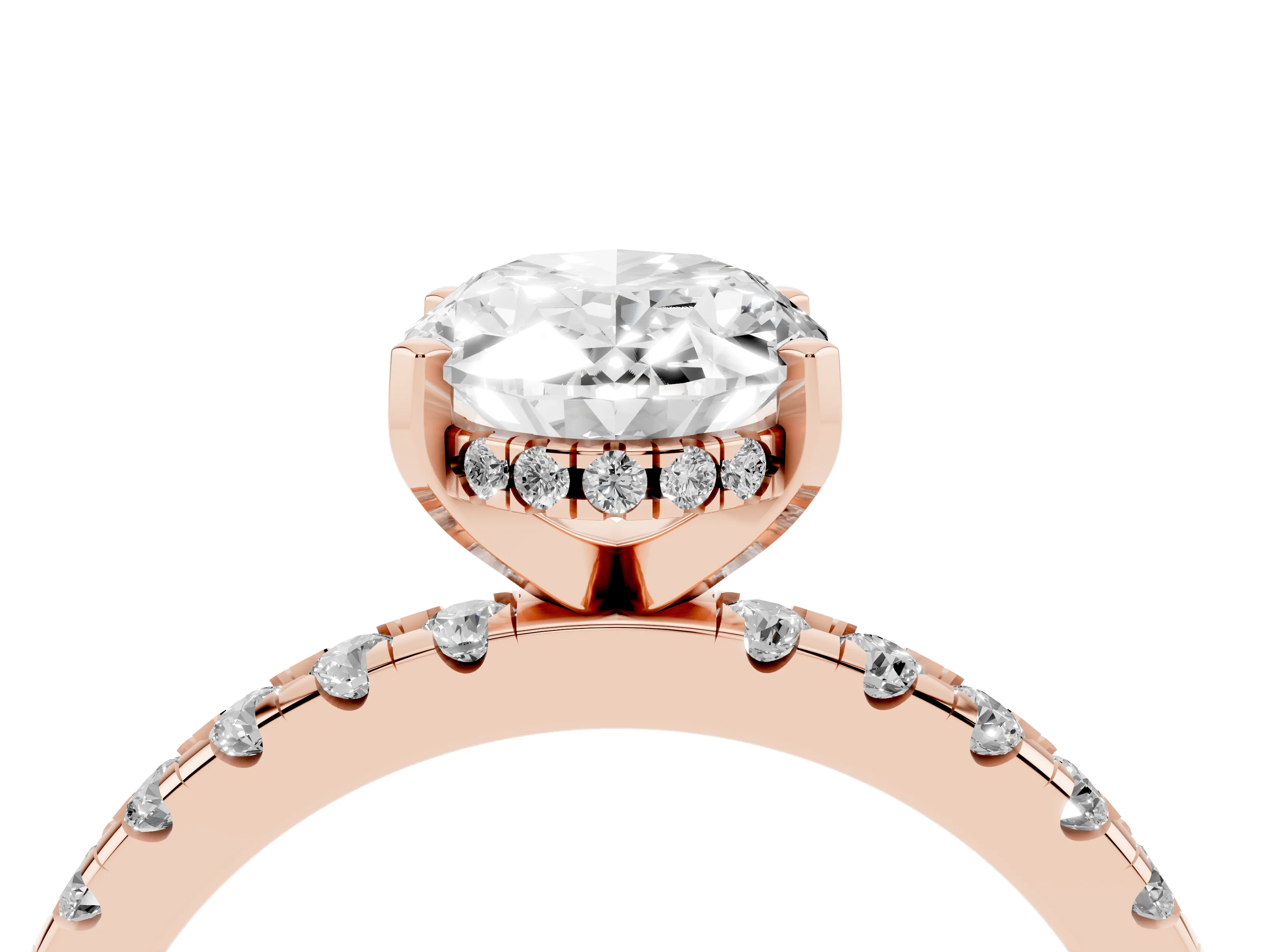 Oval Cut Diamond Pavé Solitaire Ring Set in Rose gold with Round Band Accents and Prong Setting