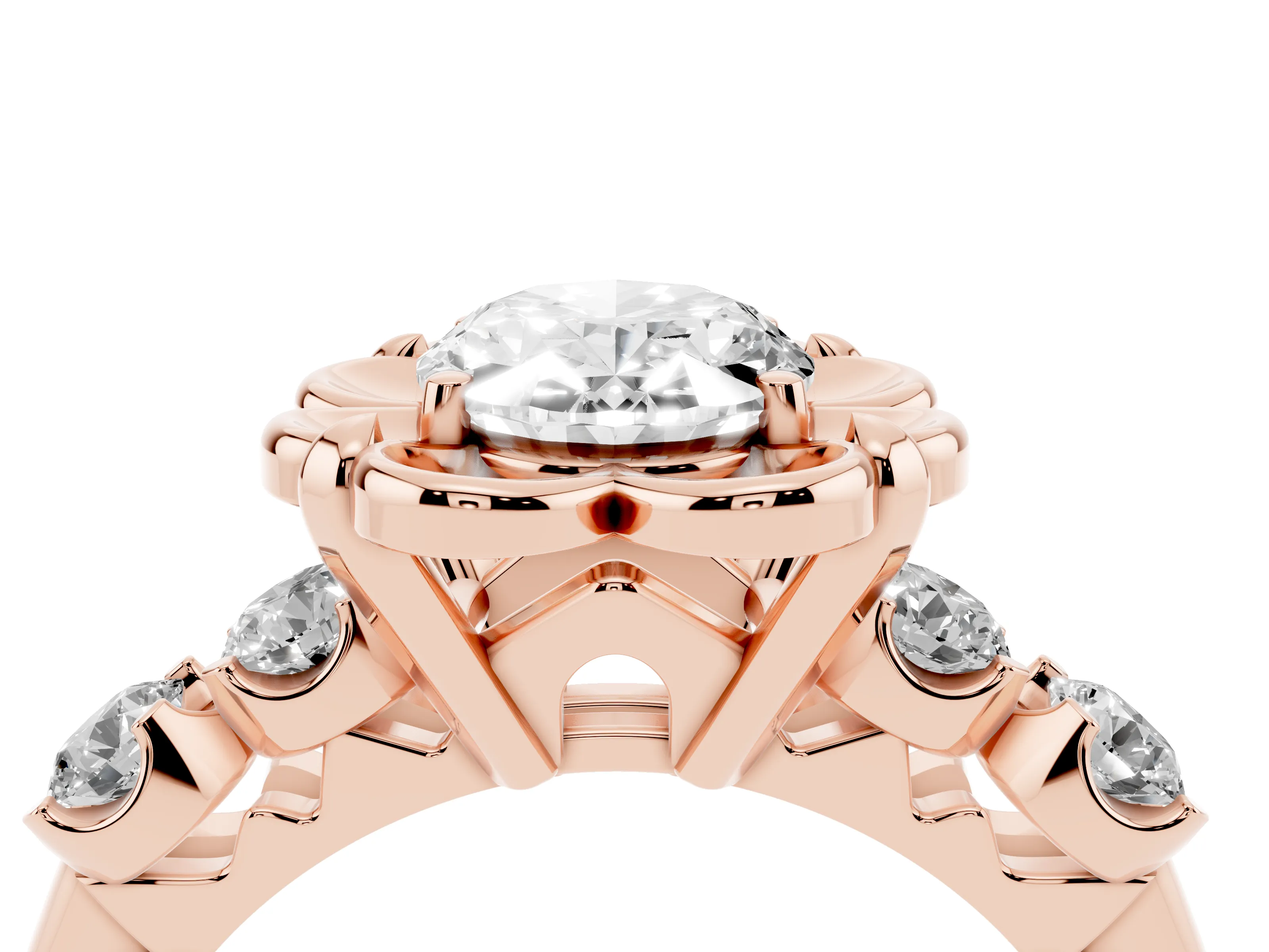 Oval Cut Diamond Floral Halo Ring Set in Rose gold with Shared Prong Band