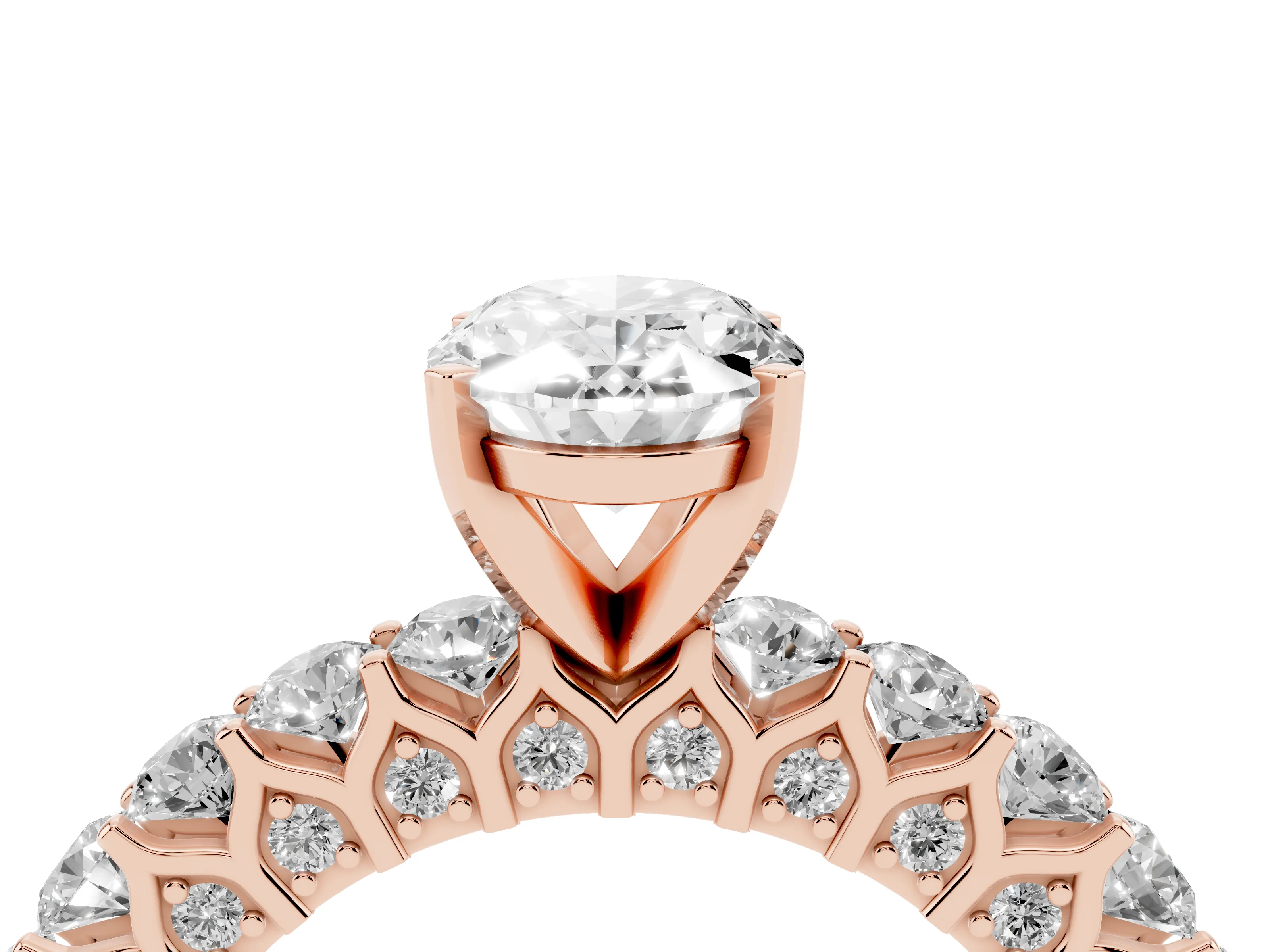 Oval Cut Diamond Solitaire Ring Set in Rose gold with Shared Prong Pavé Band
