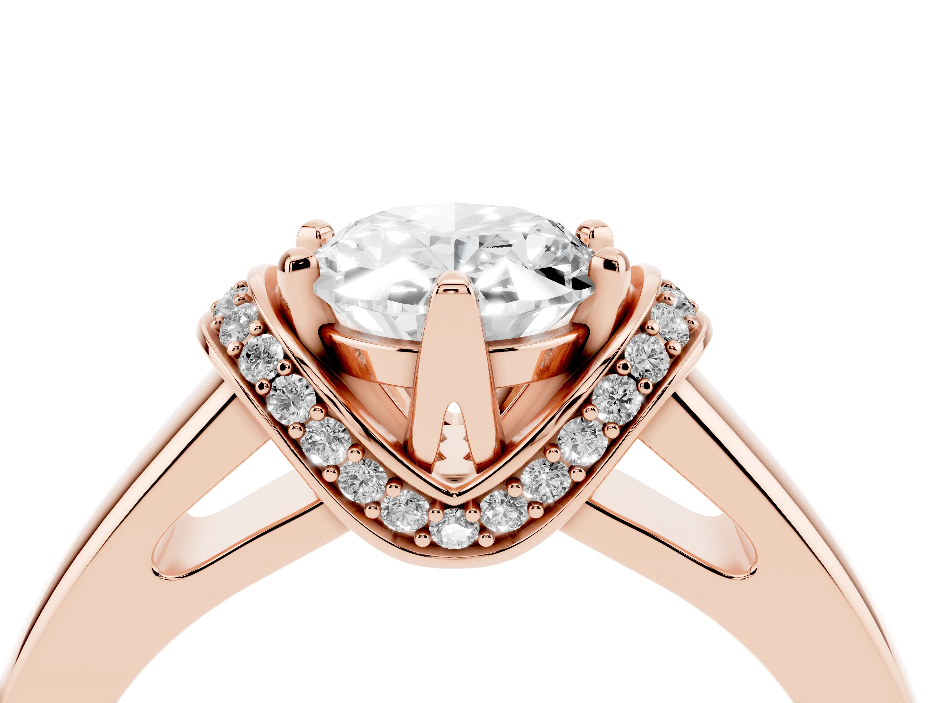 Oval Cut Diamond Pavé Band Solitaire Ring Set in Rose gold with Prong Setting
