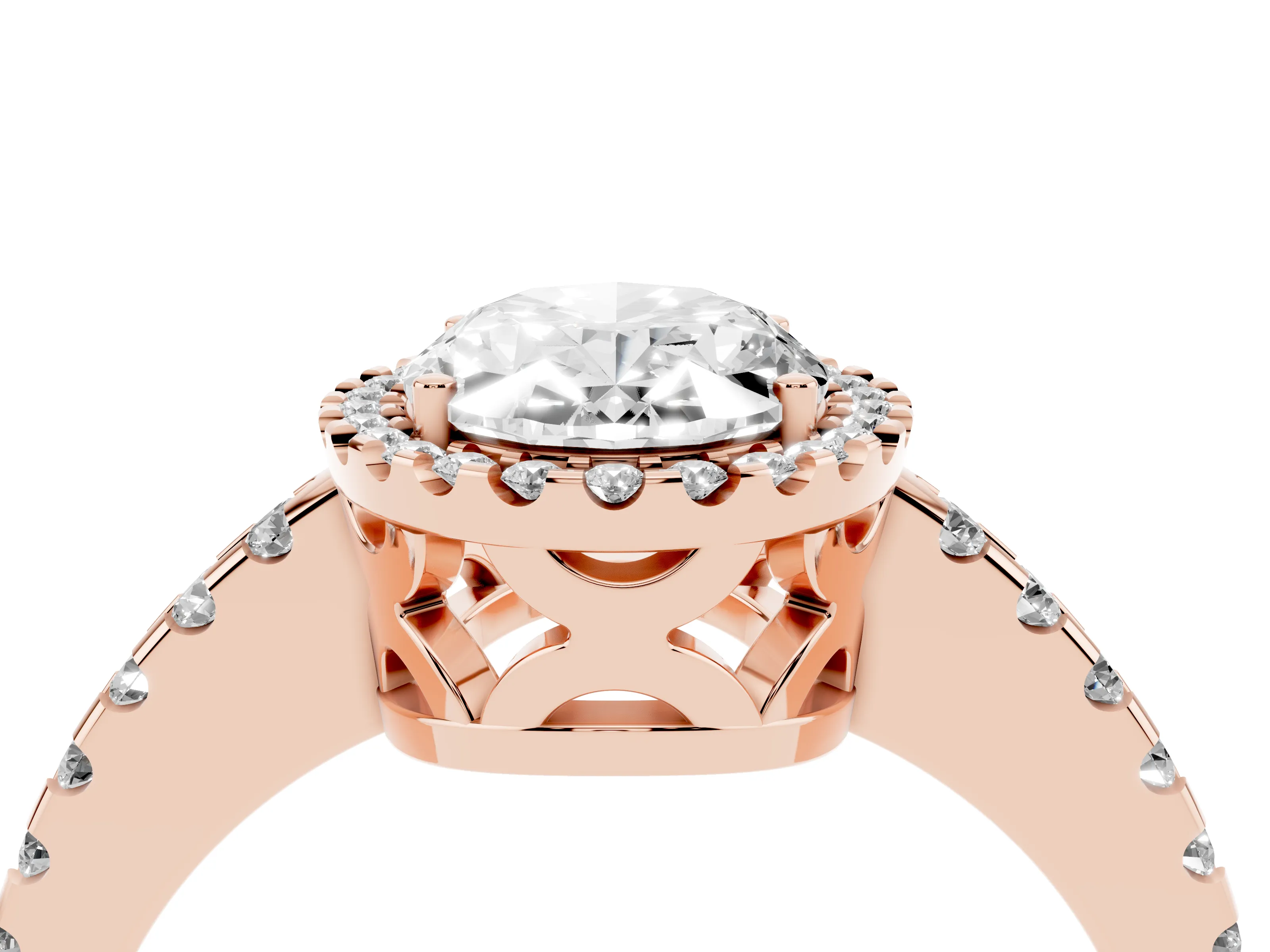 Oval Cut Diamond Halo Ring Set in Rose gold with Pavé Shoulders and Halo-Framed Center