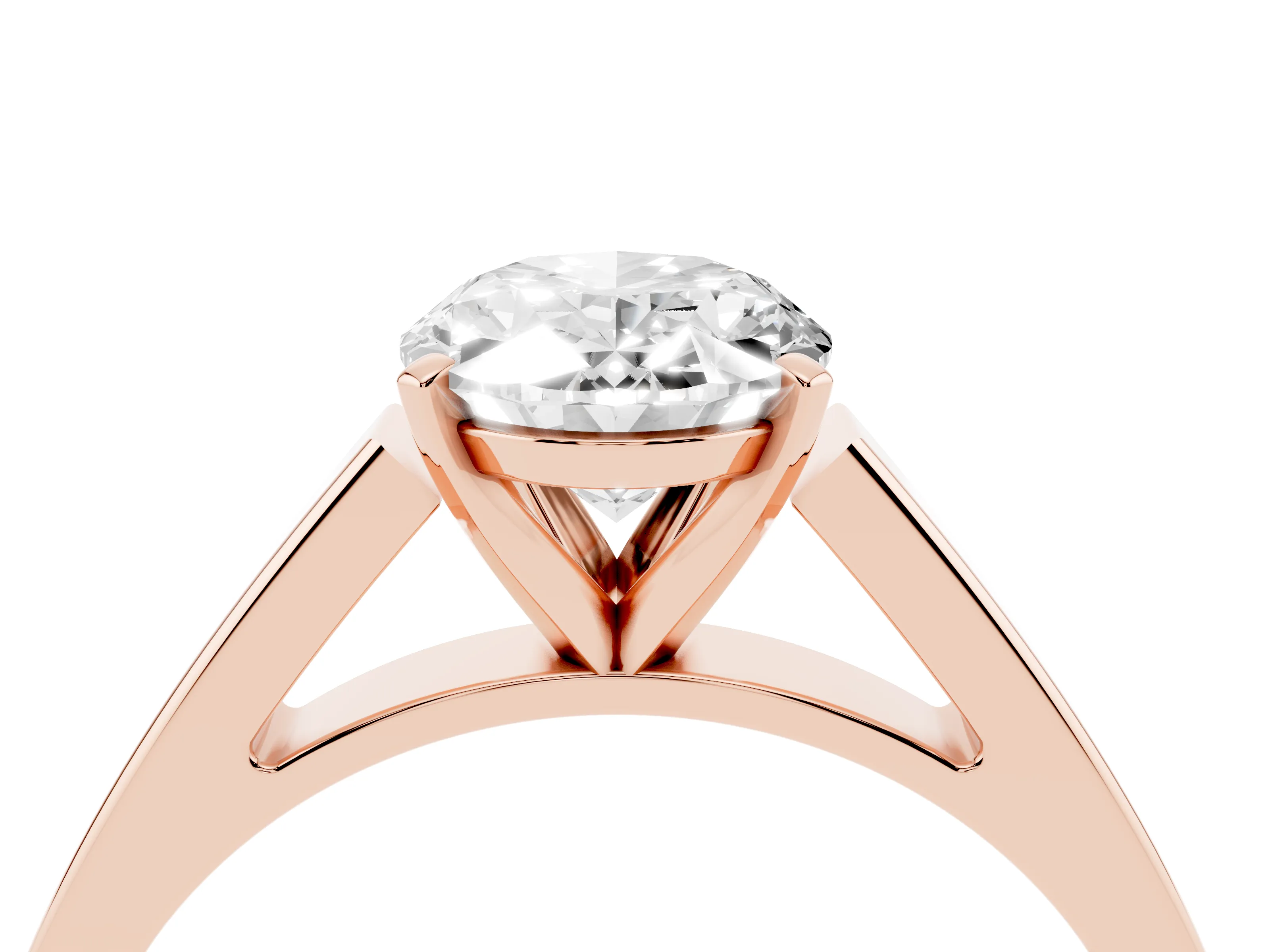 Oval Cut Diamond Solitaire Engagement Ring Set in Rose gold with Prong Setting and Tapered Band
