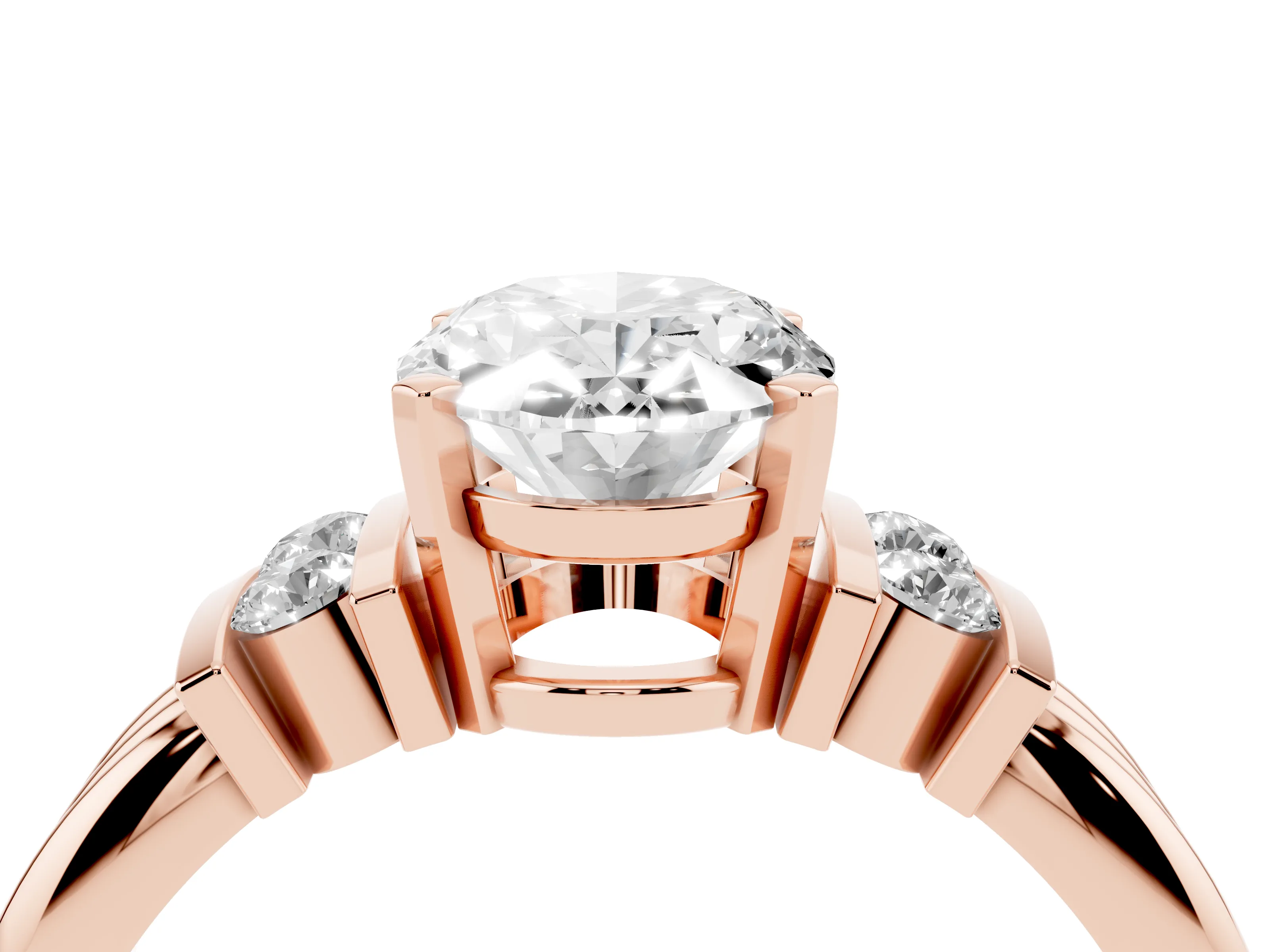 Three-Stone Oval Cut Diamond Channel Set Ring Set in Rose gold with Bar Prongs