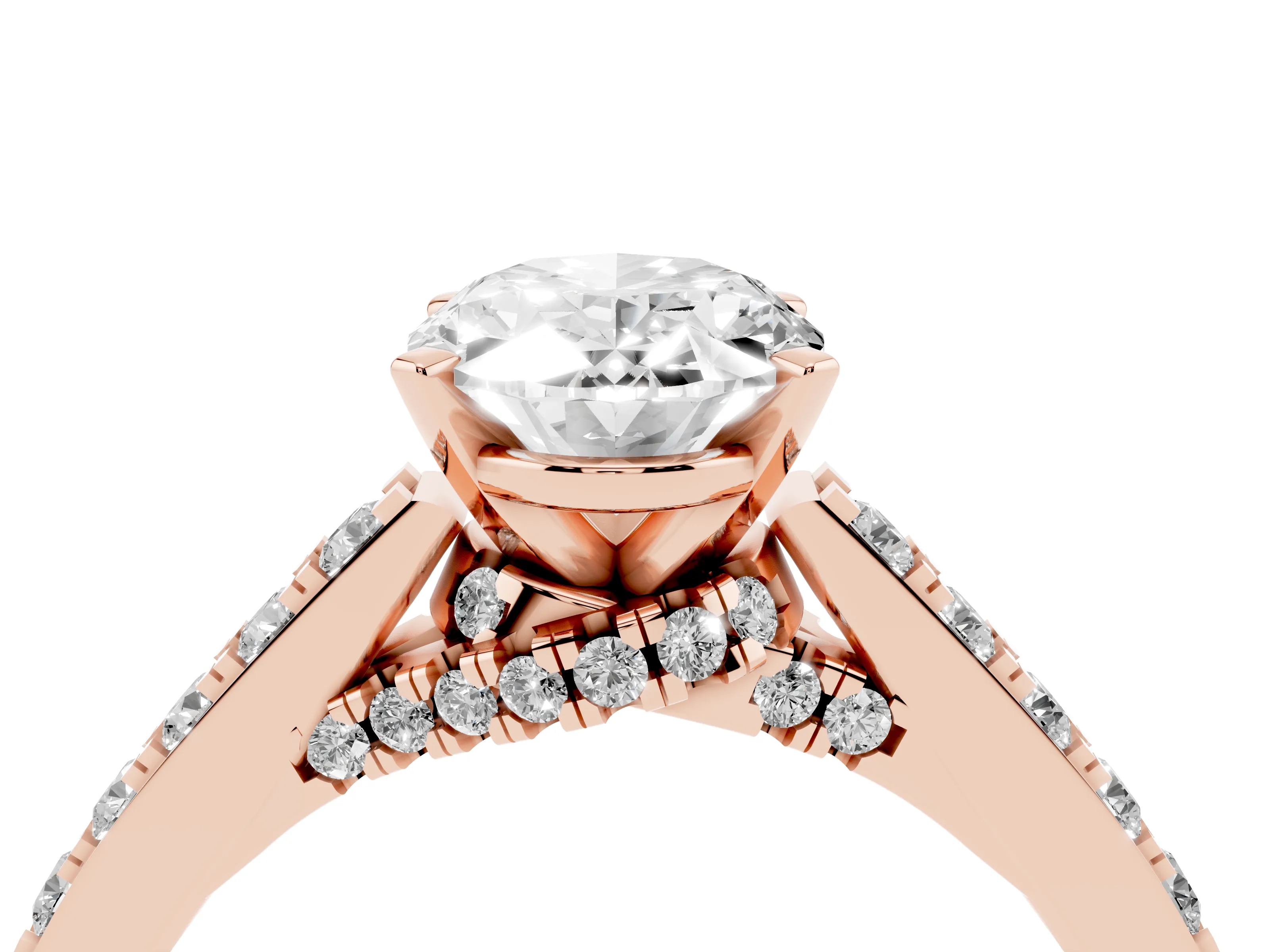 Oval Cut Diamond Solitaire Ring Set in Rose gold with Crossover Gallery and Round Pavé Band