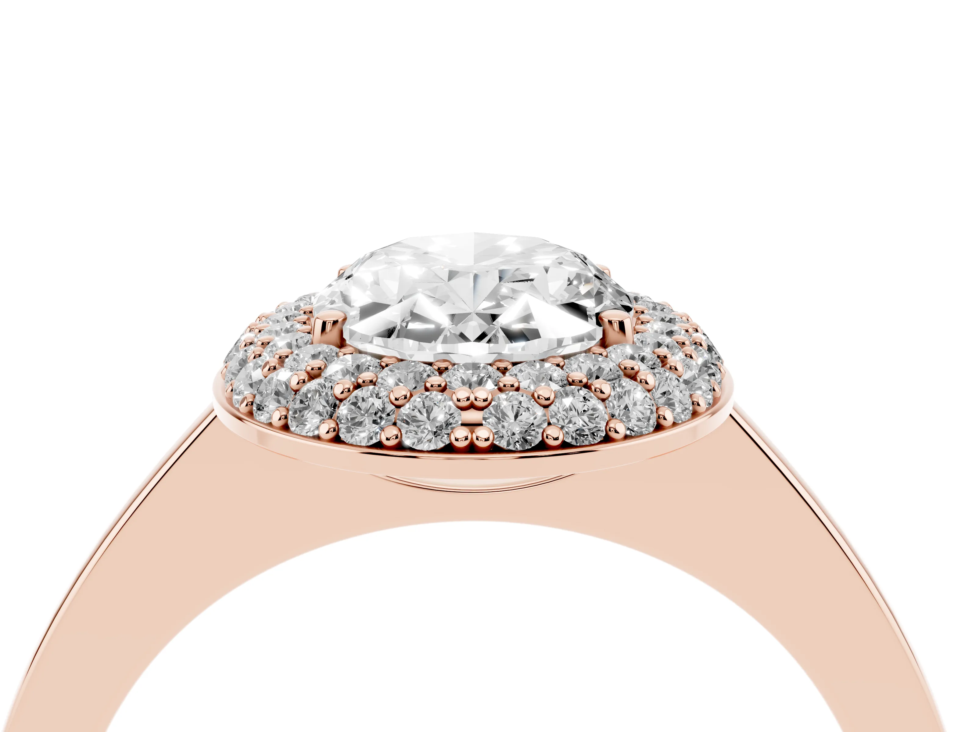Oval Cut Diamond Halo Engagement Ring Set in Rose gold with Solitaire Band and Prong Setting