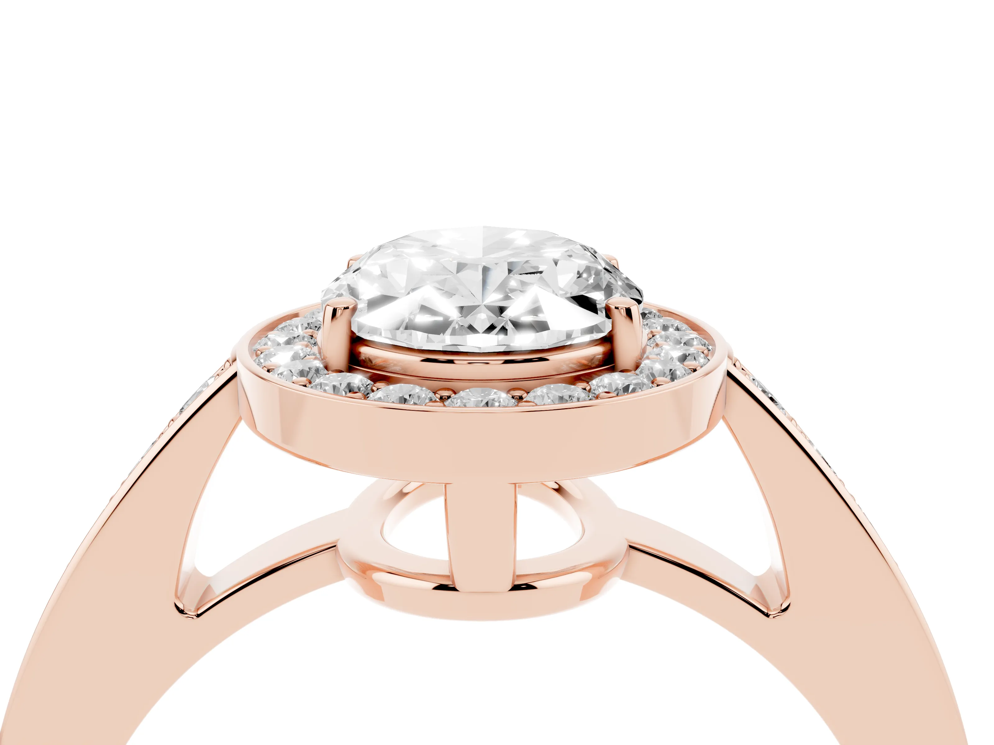 Oval Cut Diamond Halo Pavé Engagement Ring Set in Rose gold with Bezel Setting