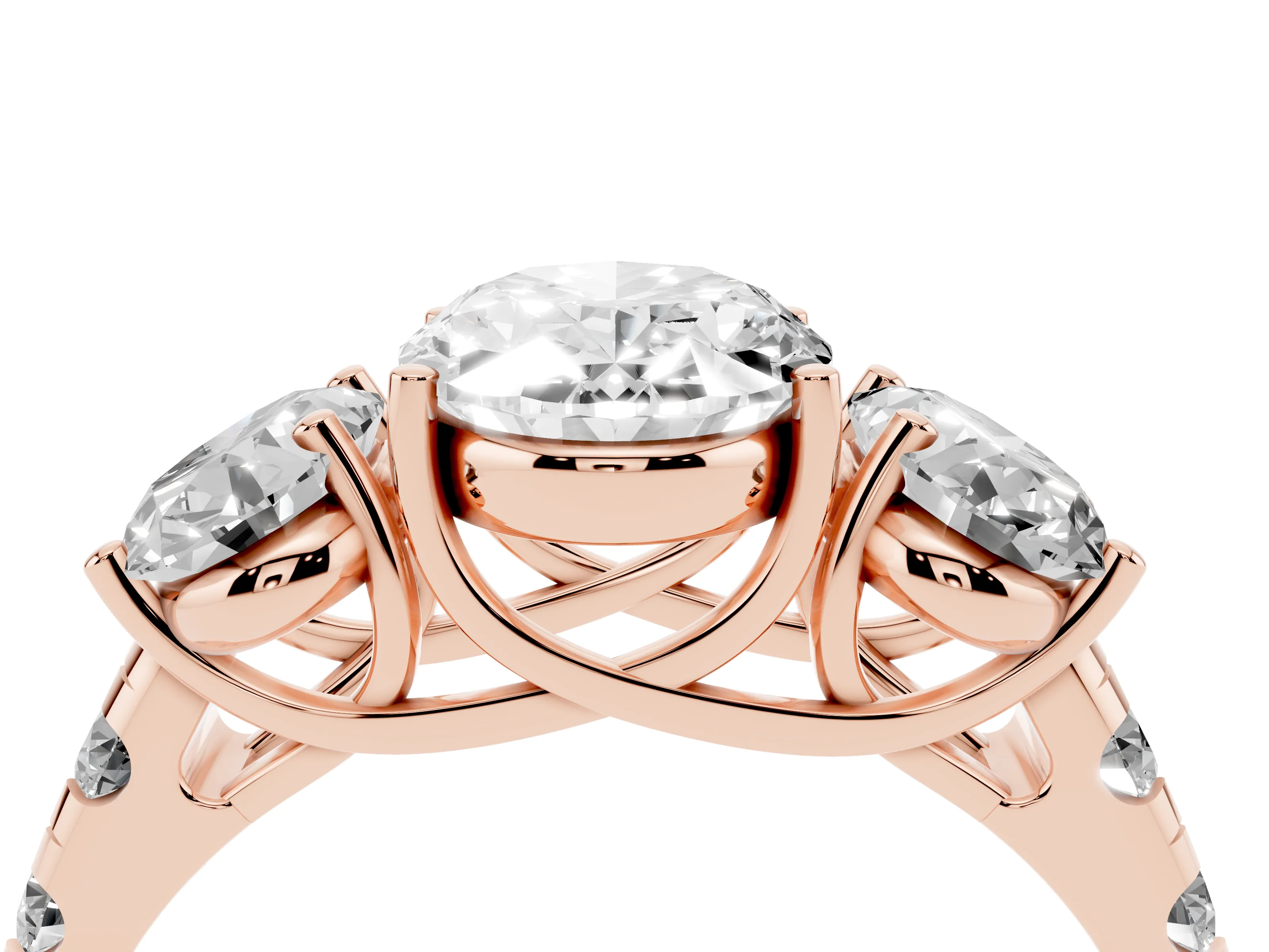 Oval Cut Diamond Three-Stone Ring Set in Rose gold with Pavé Band