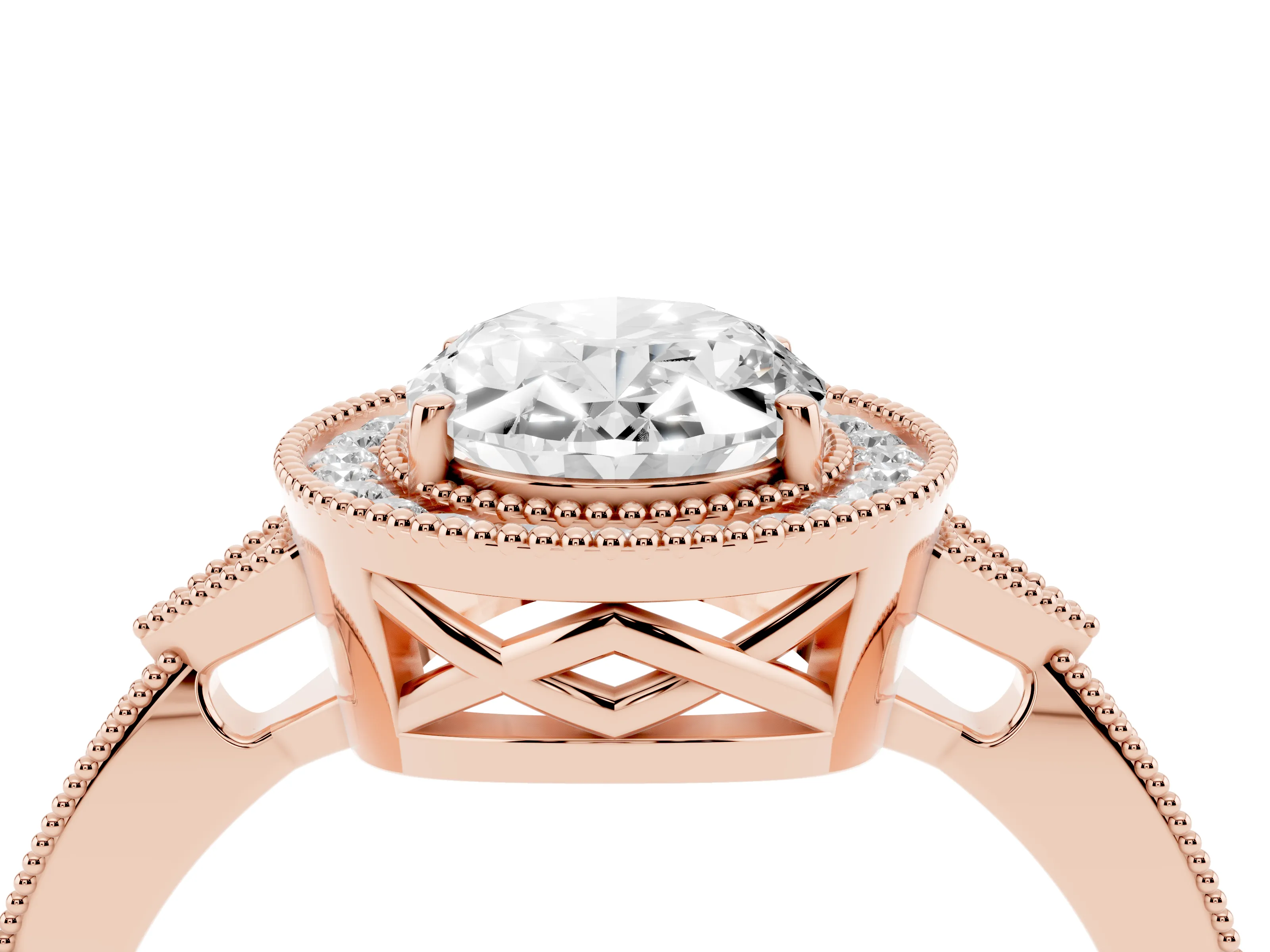 Oval Cut Diamond Halo Engagement Ring Set in Rose gold with Milgrain Pavé Band