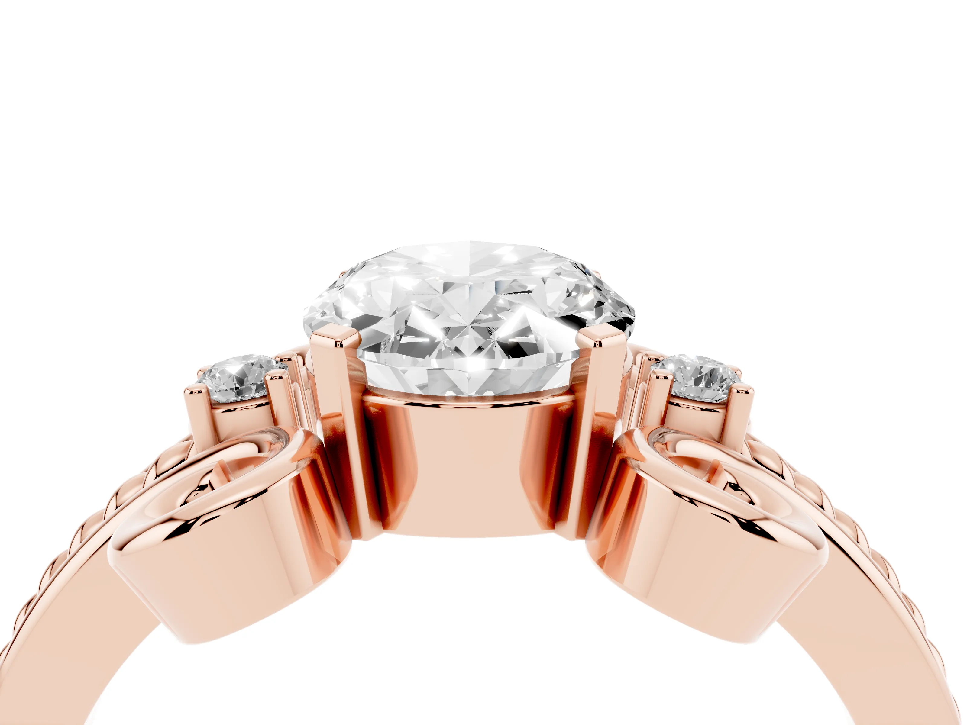 Oval Cut Diamond Twisted Band Solitaire Ring Set in Rose gold with Scroll Prongs