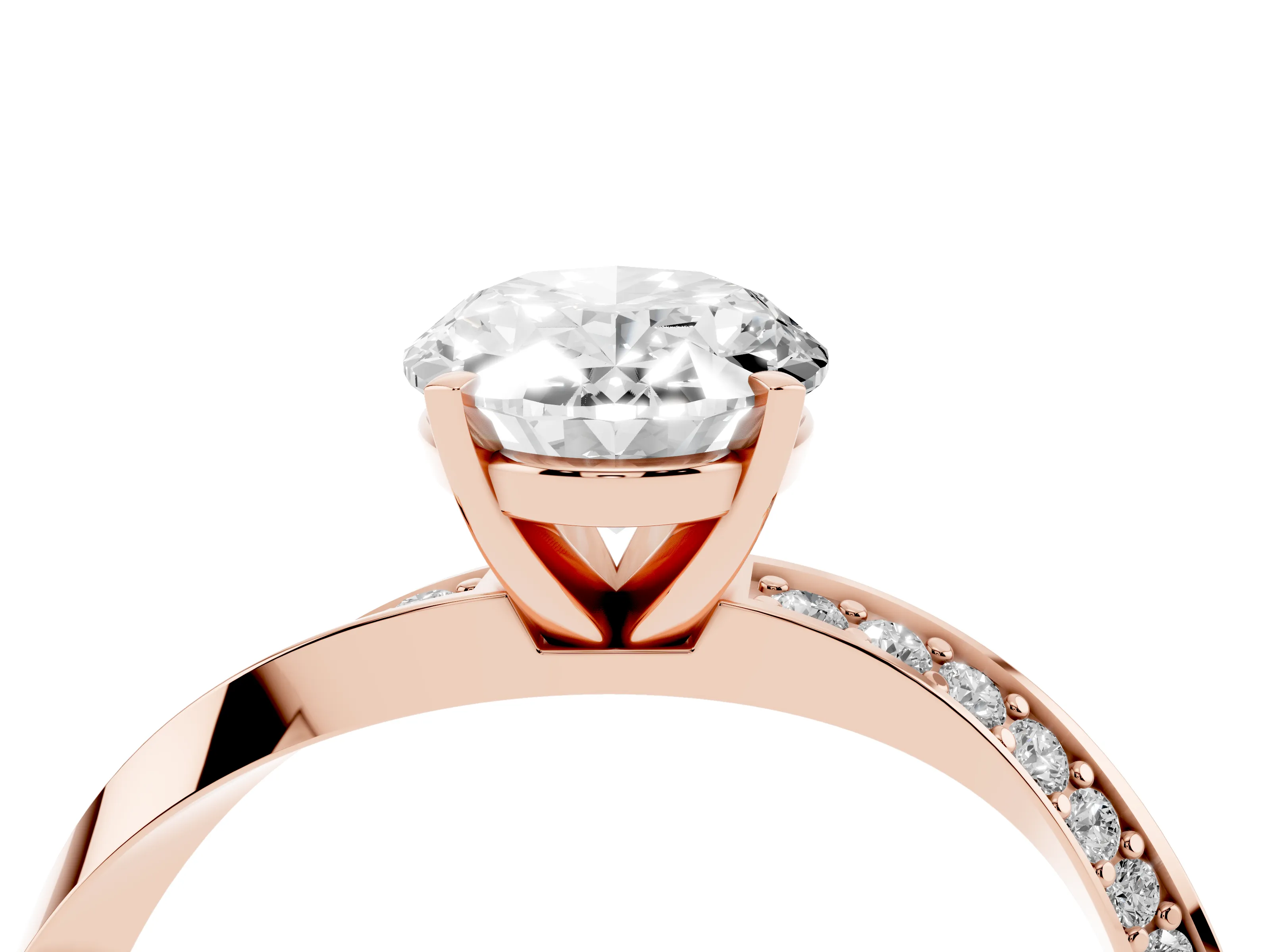 Oval Cut Diamond Engagement Ring Set in Rose gold with Side Stone Accents and Prong Setting