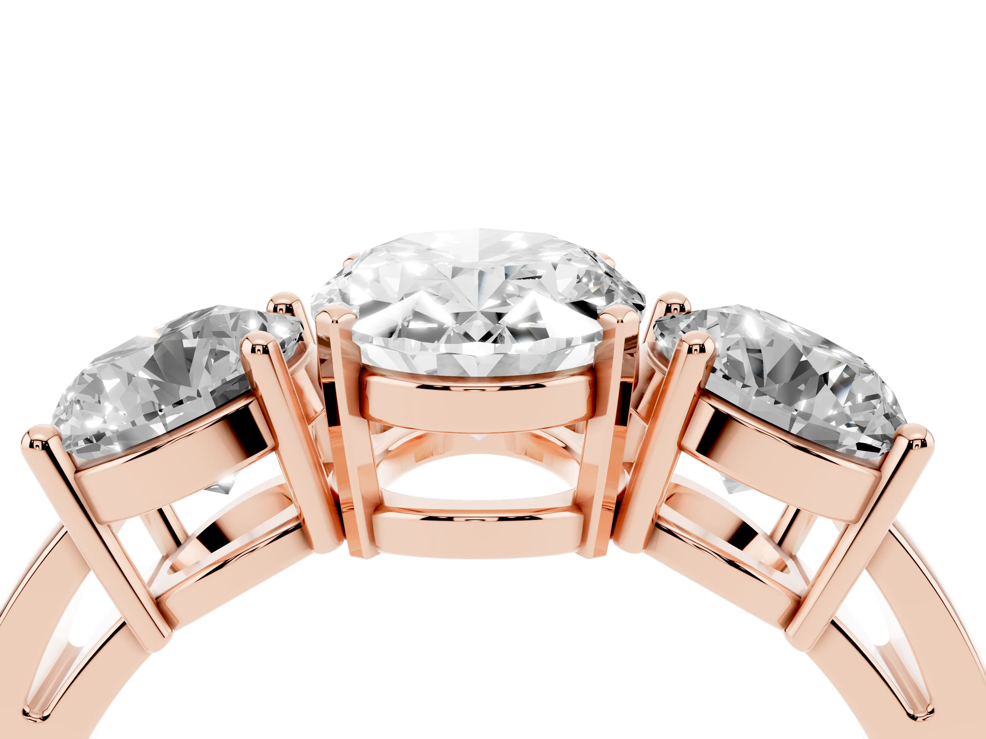 Oval Cut Diamond Three-Stone Ring Set in Rose gold with Round Side Stones and Classic Band