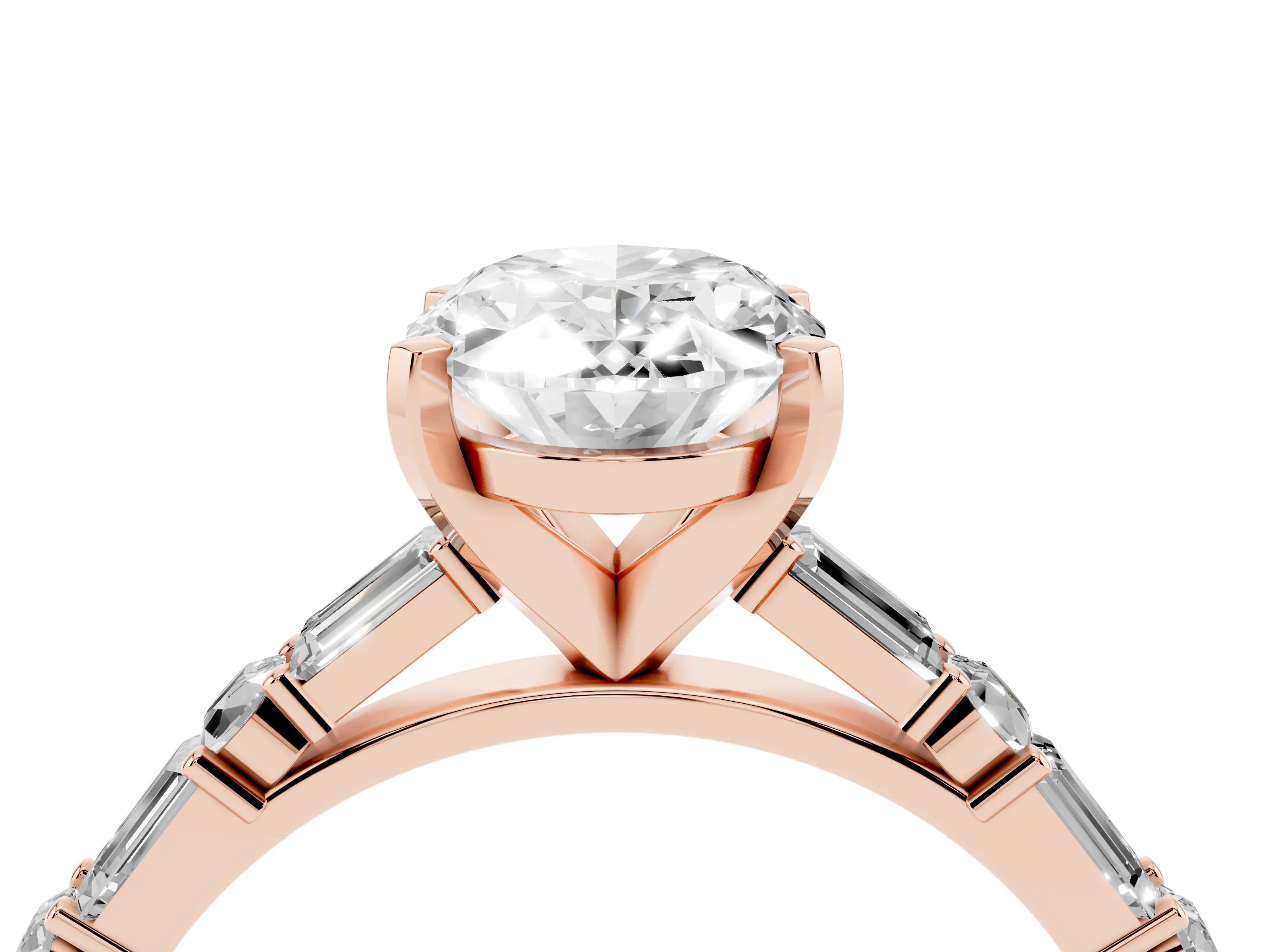 Oval Cut Diamond Solitaire Set in Rose gold with Side Baguettes and Channel Set Band