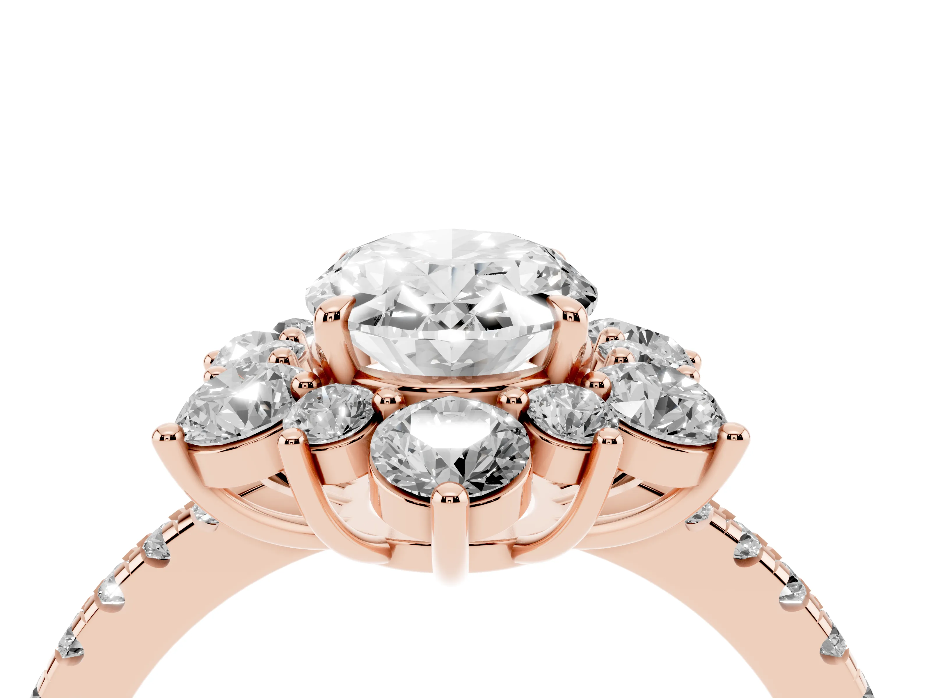Oval Cut Diamond Floral Halo Ring Set in Rose gold with Round Pavé Band and Prong Setting