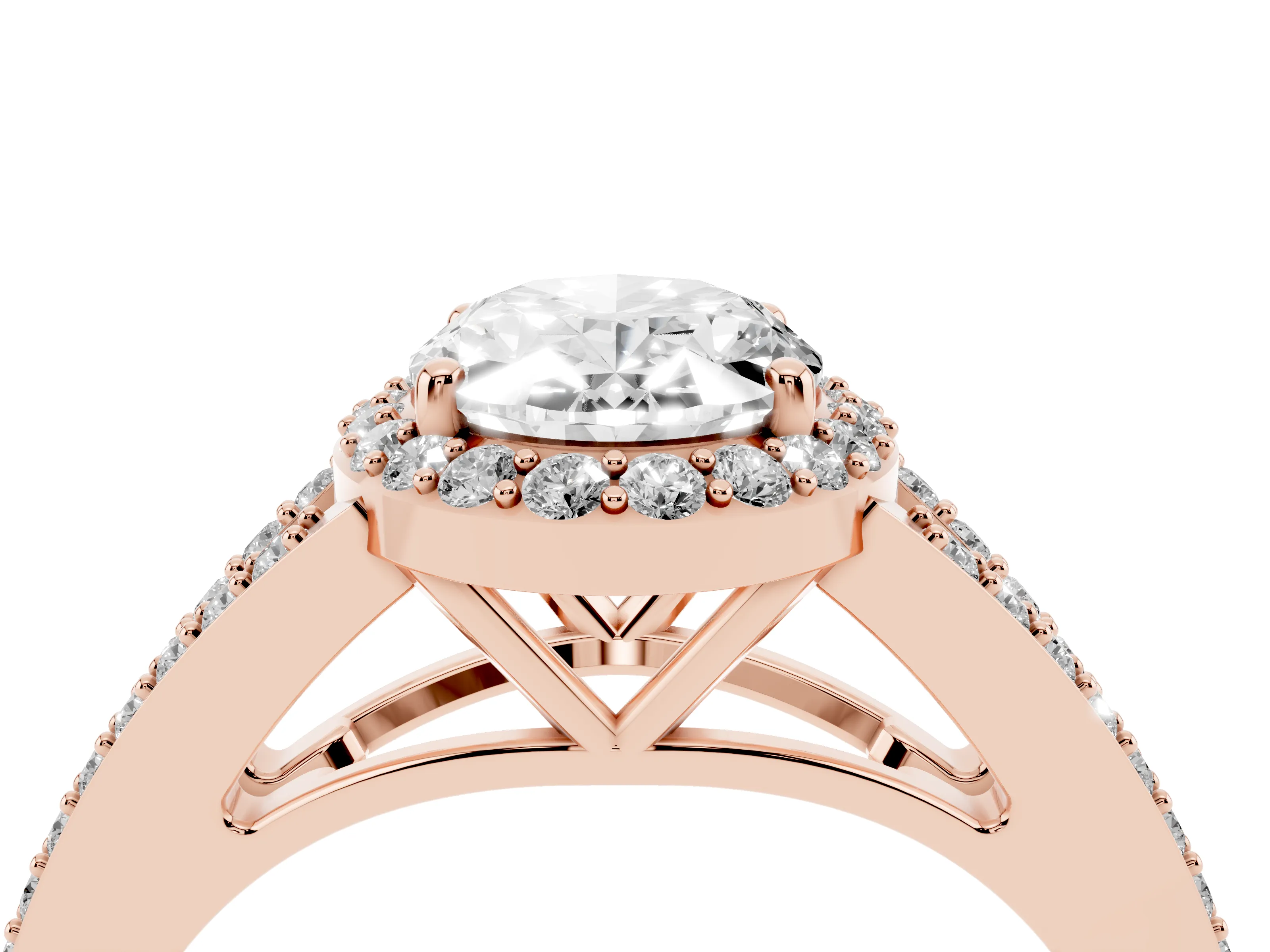 Oval Cut Diamond Halo Split Shank Ring Set in Rose gold with Accent Stones and Prong Setting