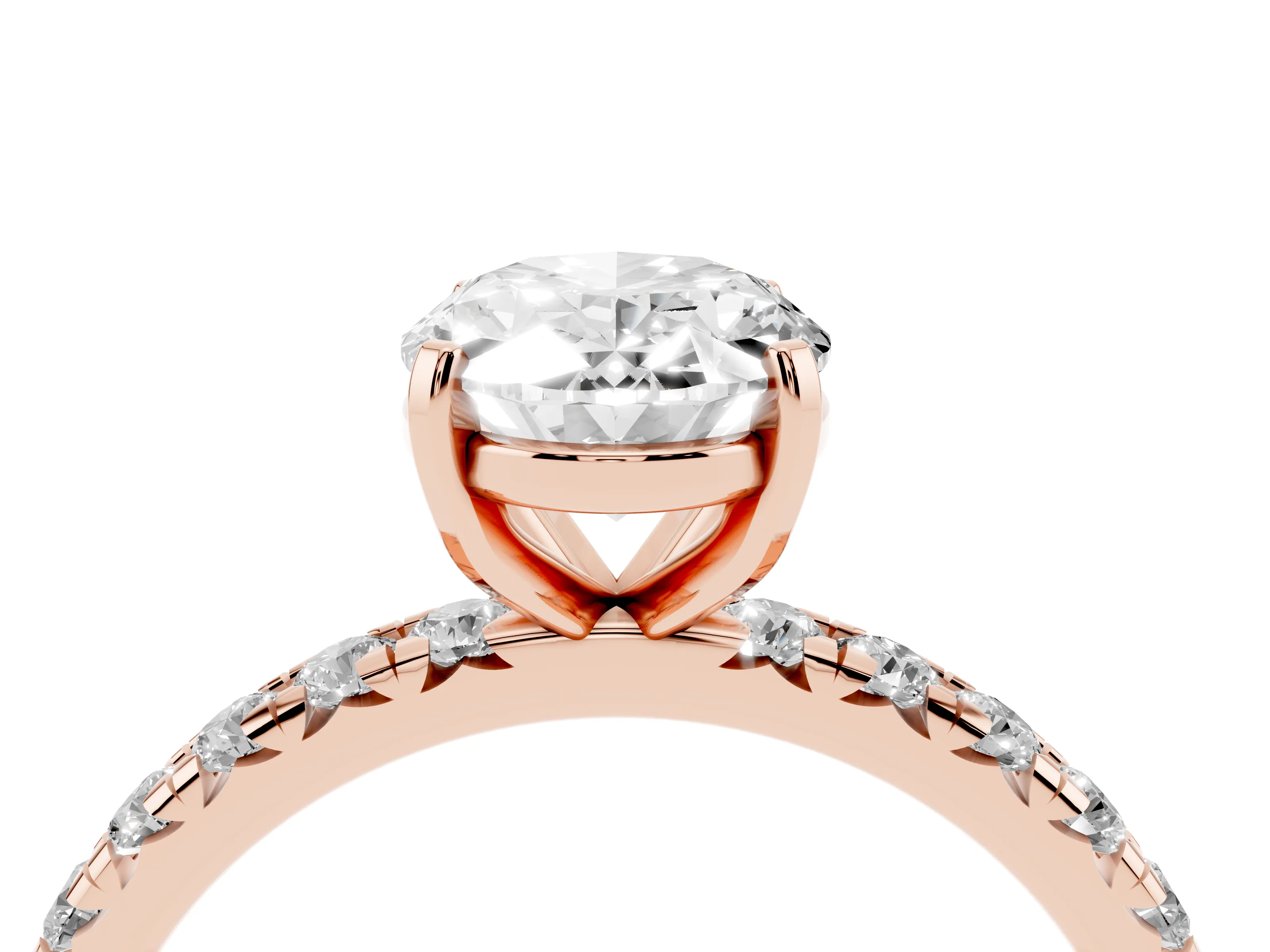 Oval Cut Diamond Pavé Solitaire Ring Set in Rose gold with Round Band and Prong Setting