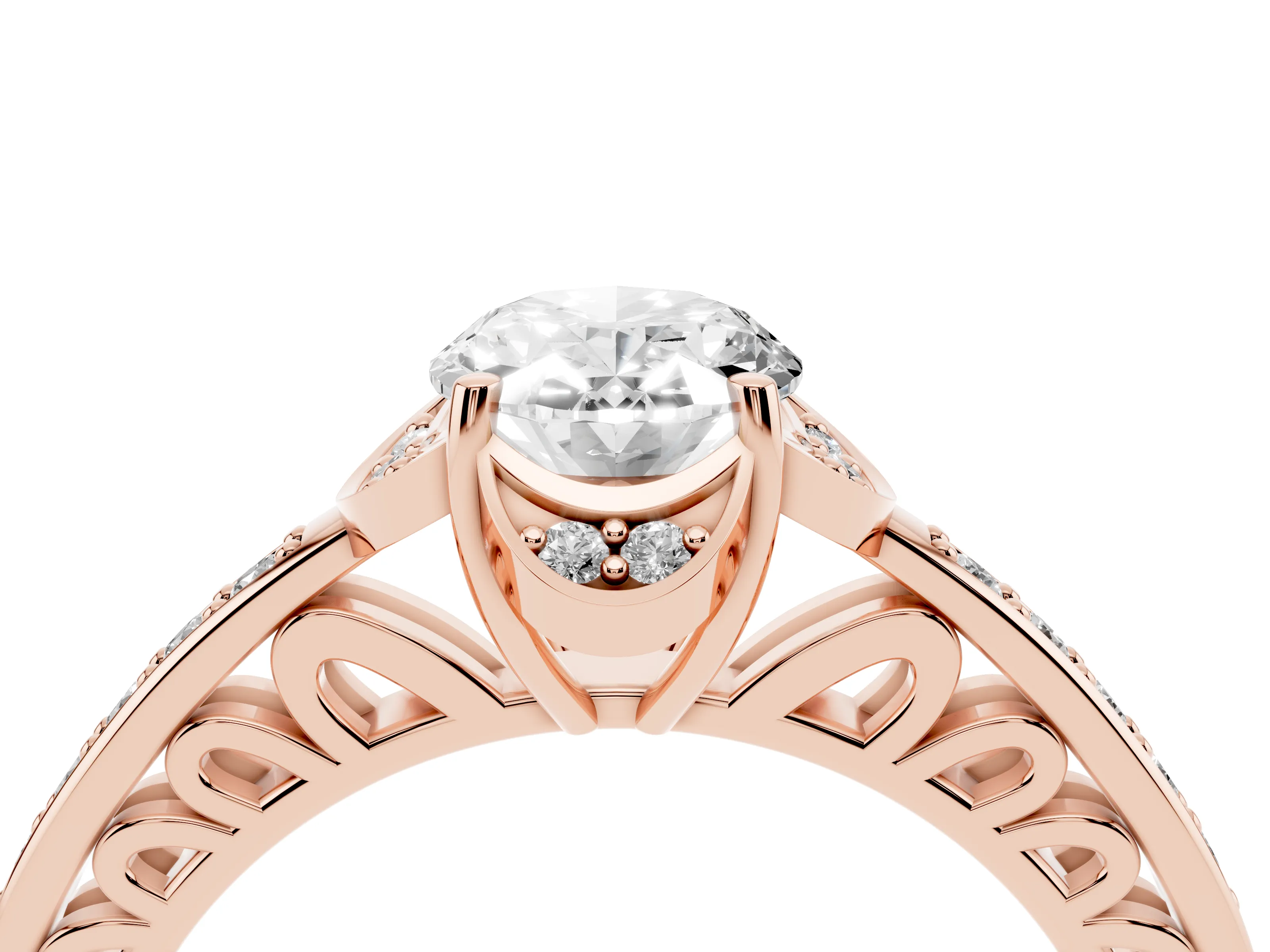 Oval Cut Diamond Halo Ring Set in Rose gold with Channel Set Band and Prong Setting