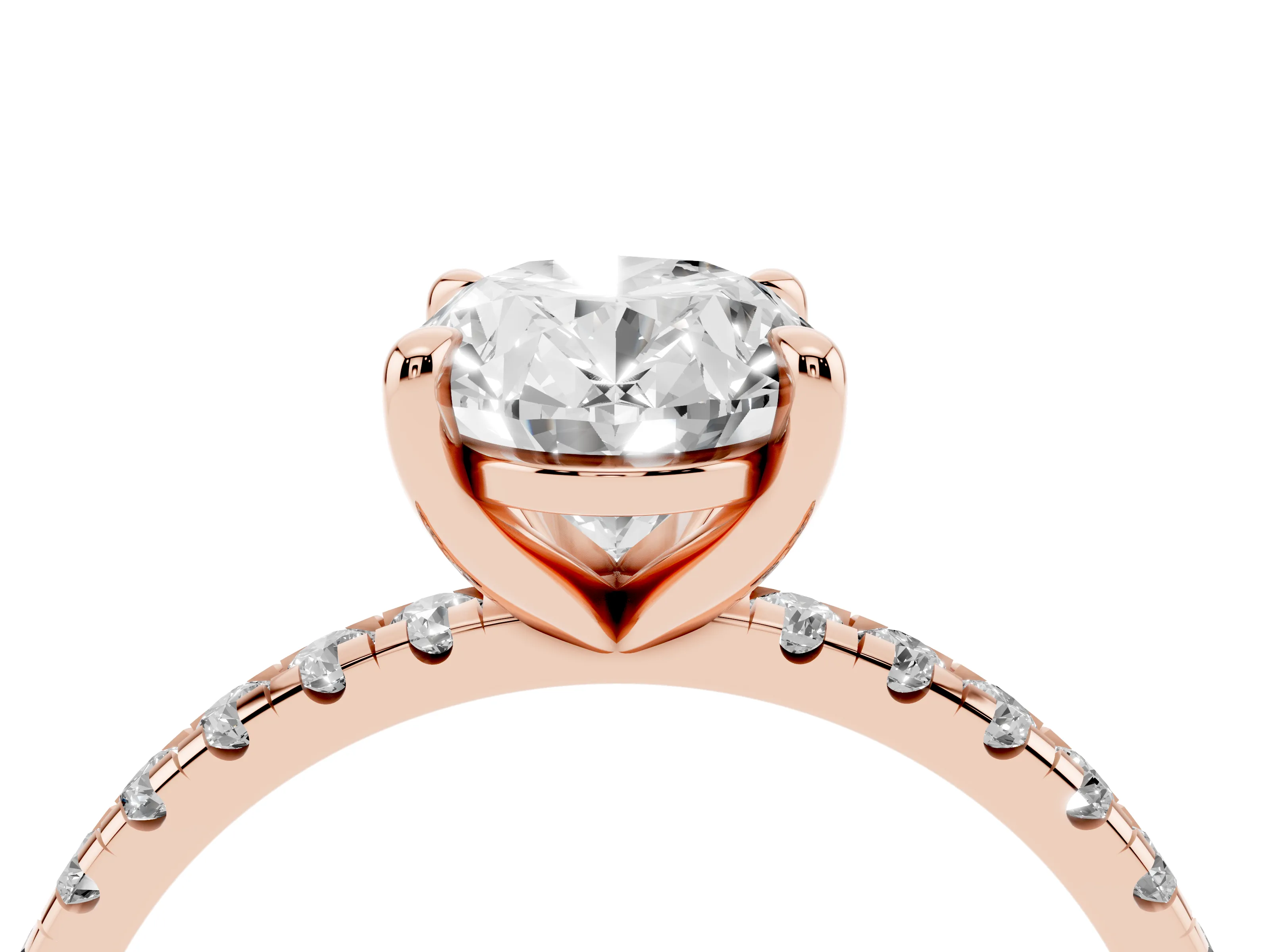 Oval Cut Diamond Brilliant Solitaire Ring Set in Rose gold with Pavé Band and Prong Setting