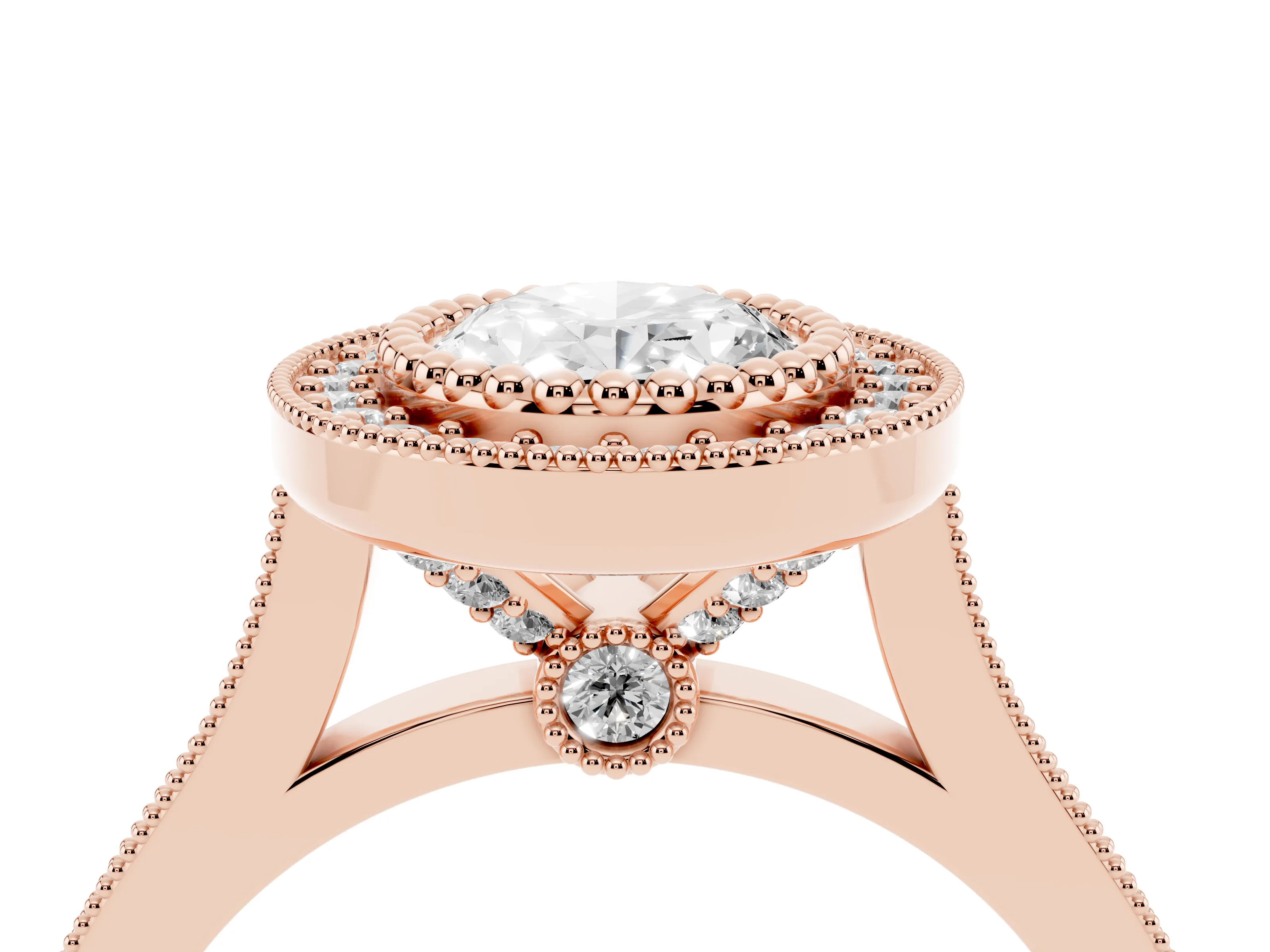 Oval Cut Diamond Halo Ring Set in Rose gold with Milgrain Frame and Pavé Band