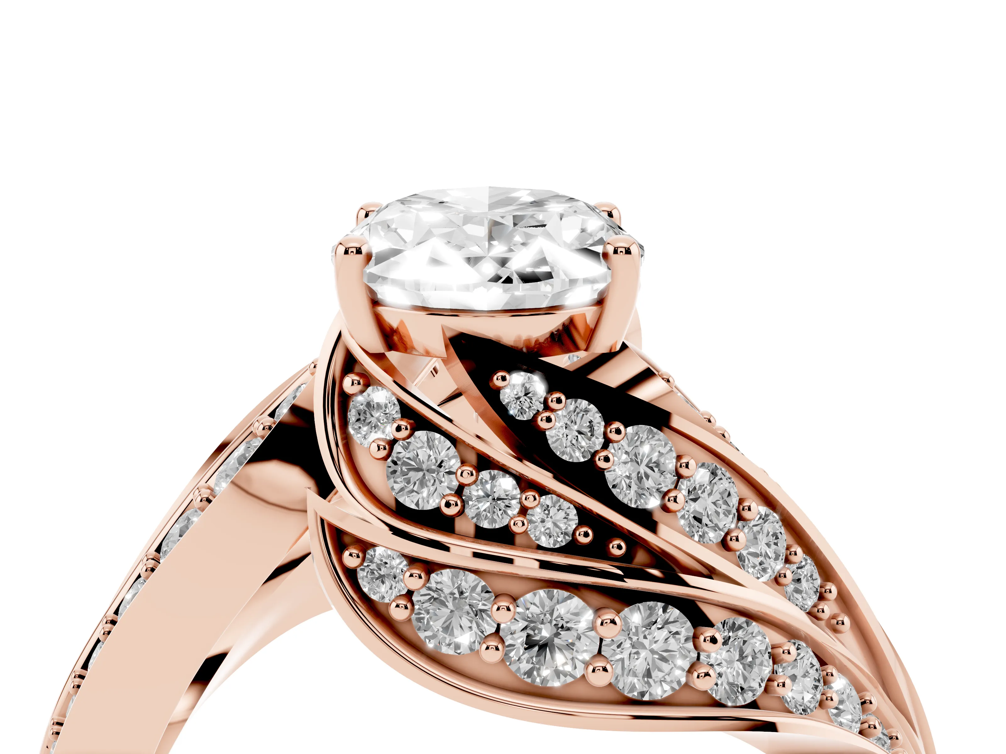 Oval Cut Diamond Solitaire Ring Set in Rose gold with Layered Twist Pavé Band
