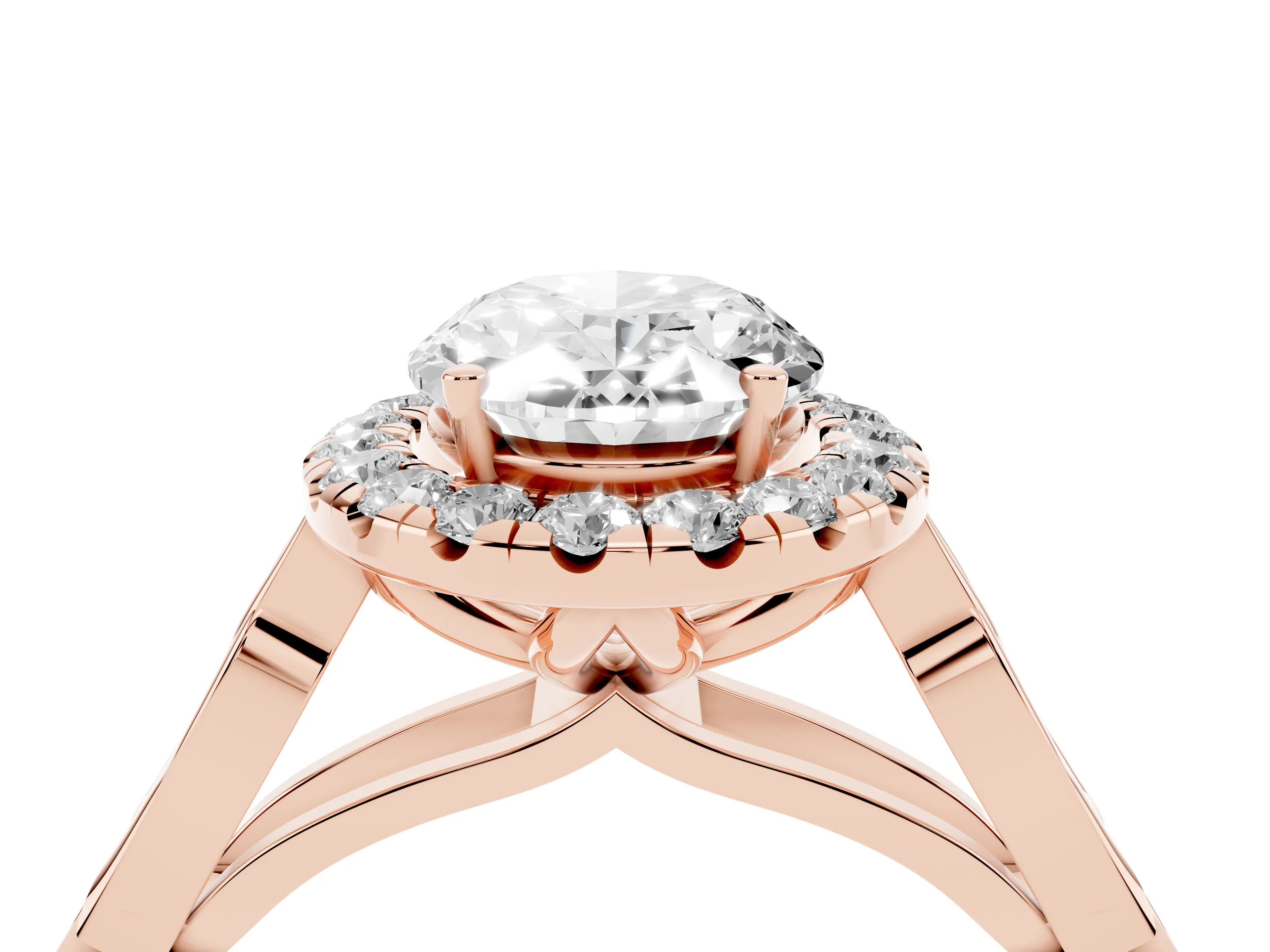 Oval Cut Diamond Halo Engagement Ring Set in Rose gold with Filigree Band and Prong-Set Center