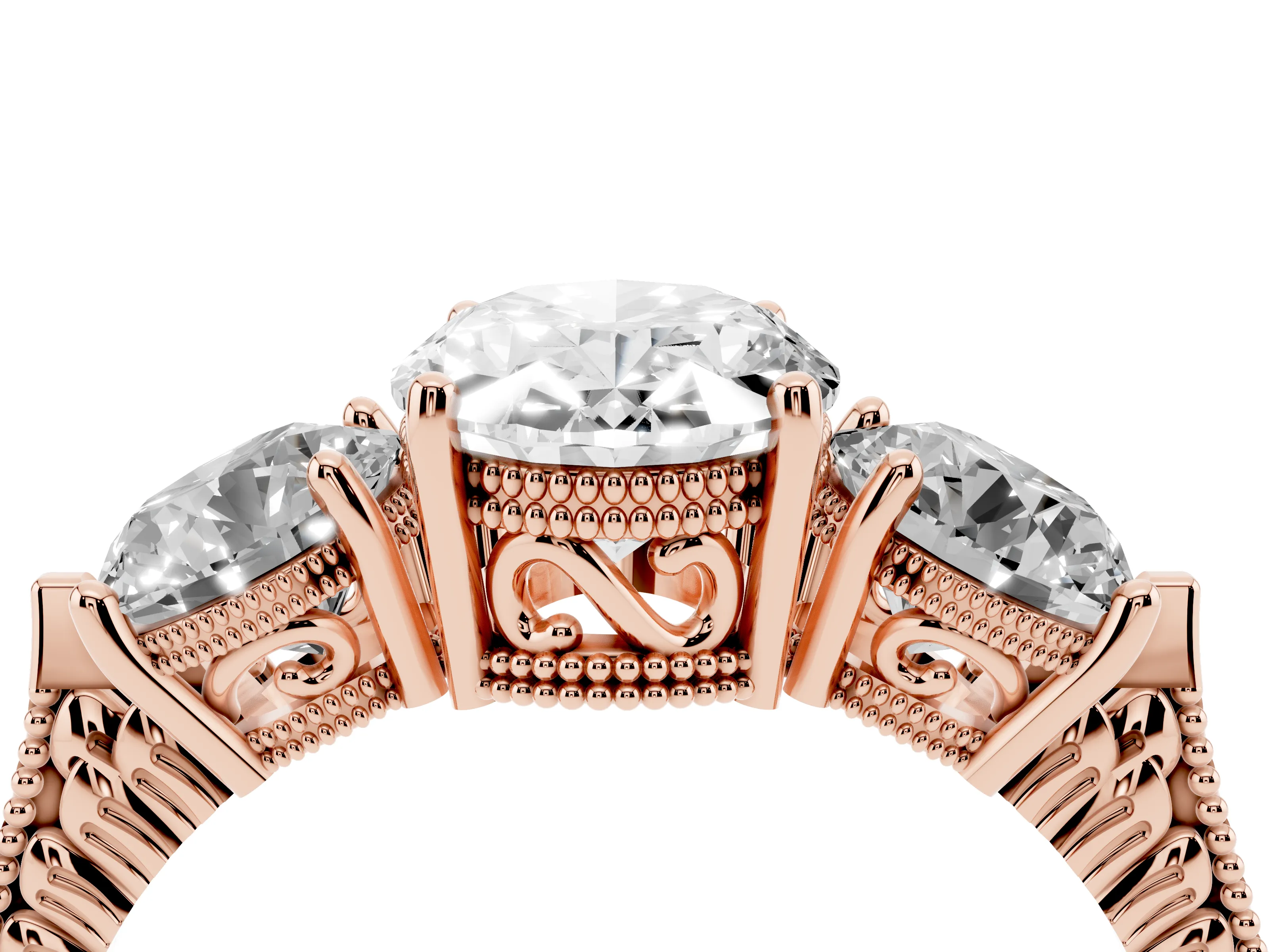 Oval Cut Diamond Three-Stone Ring Set in Rose gold with Milgrain Band