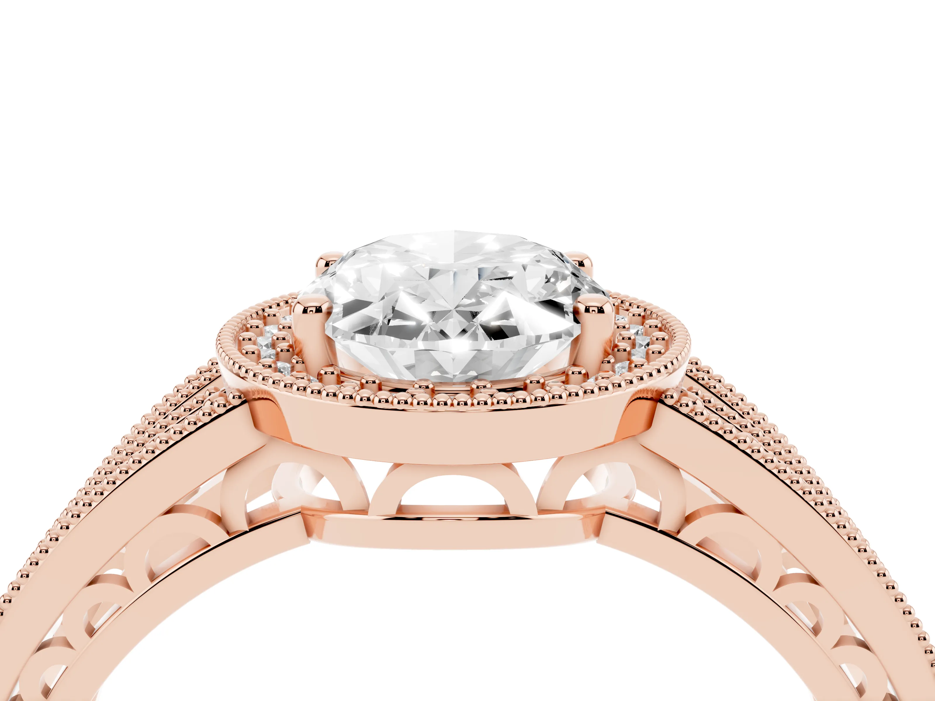 Oval Cut Diamond Halo Ring Set in Rose gold with Accent Split Shank and Prong Setting