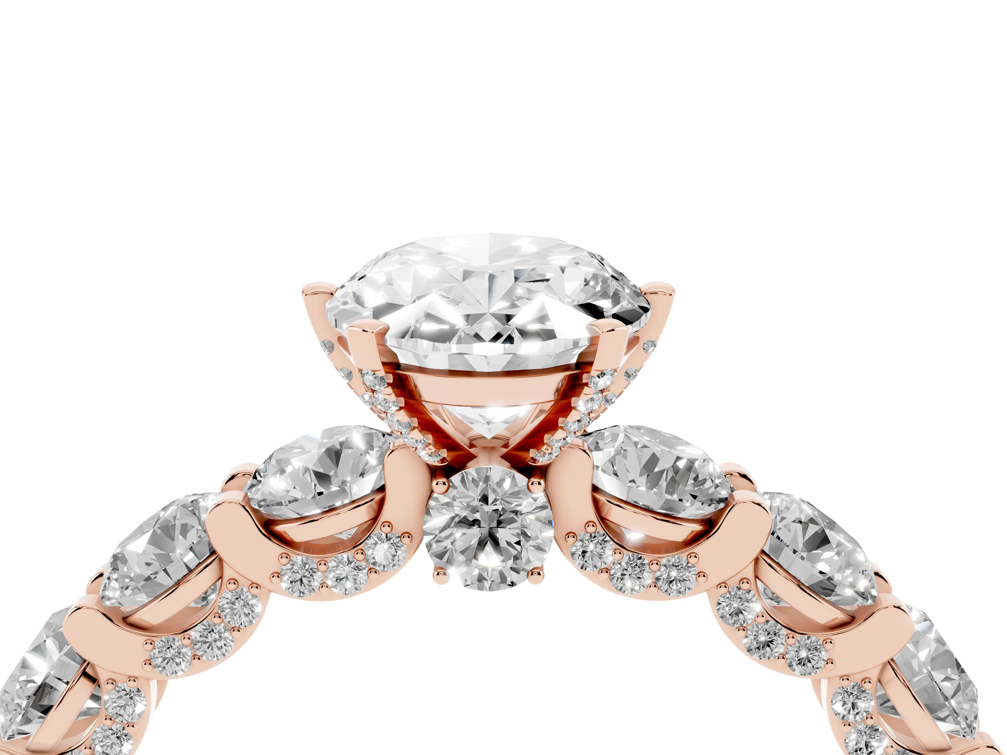 Oval Cut Diamond Side Stone Ring Set in Rose gold with Alternating Round and Oval Side Stones