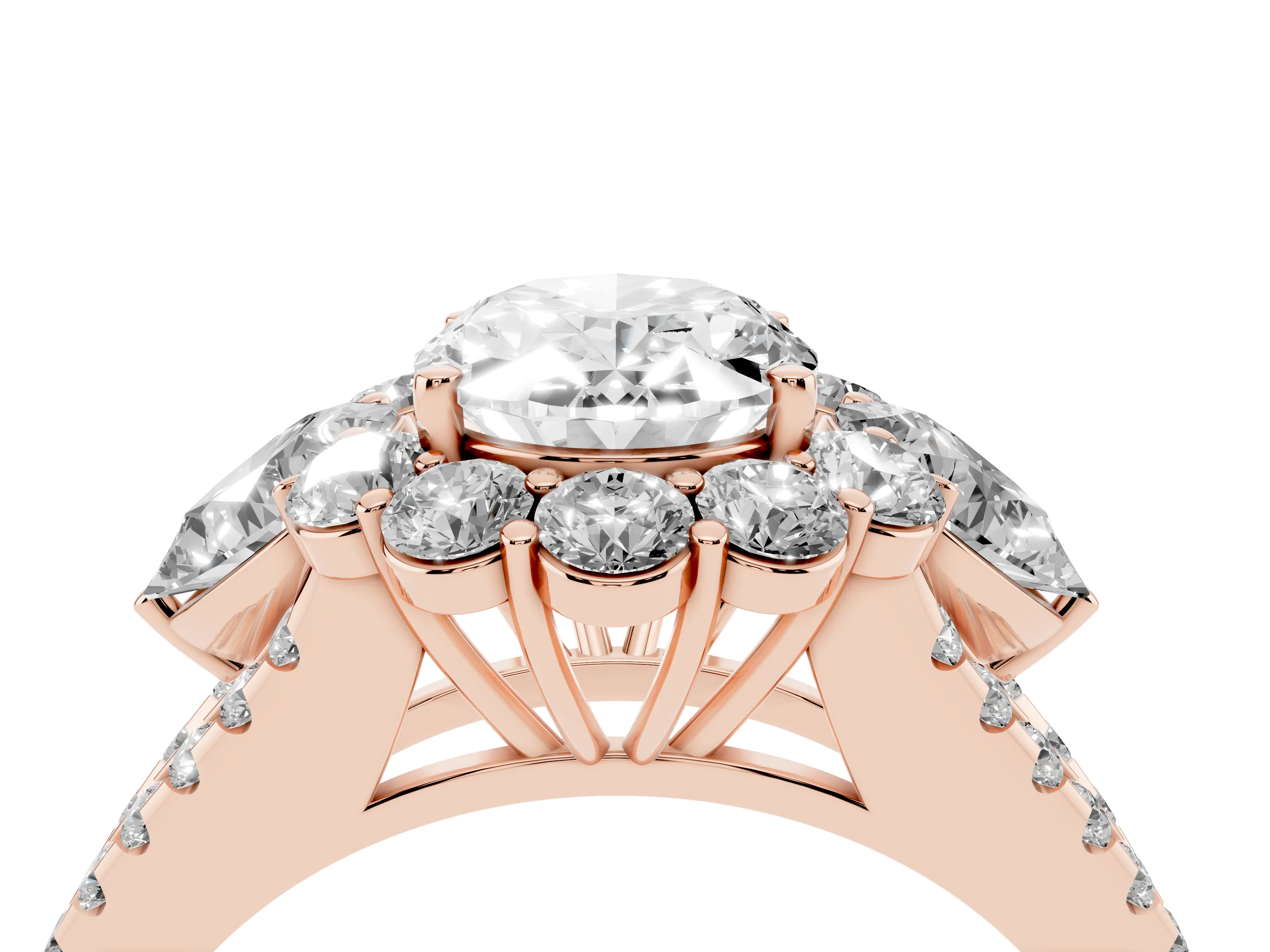Oval Cut Diamond Halo Split Shank Engagement Ring Set in Rose gold with Prong-Held Center Stone