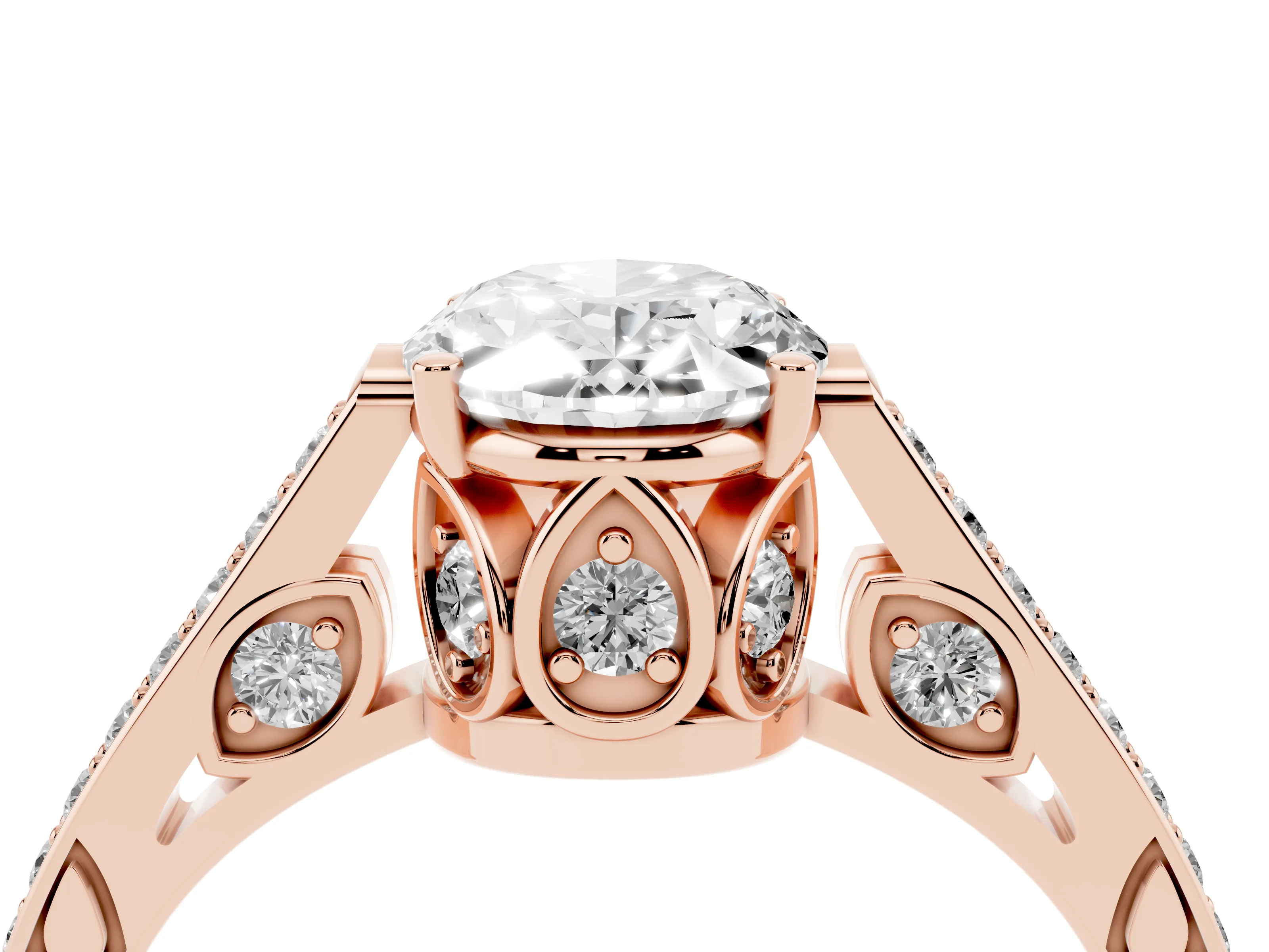 Oval Cut Diamond Cathedral Pavé Engagement Ring Set in Rose gold with Prong Setting