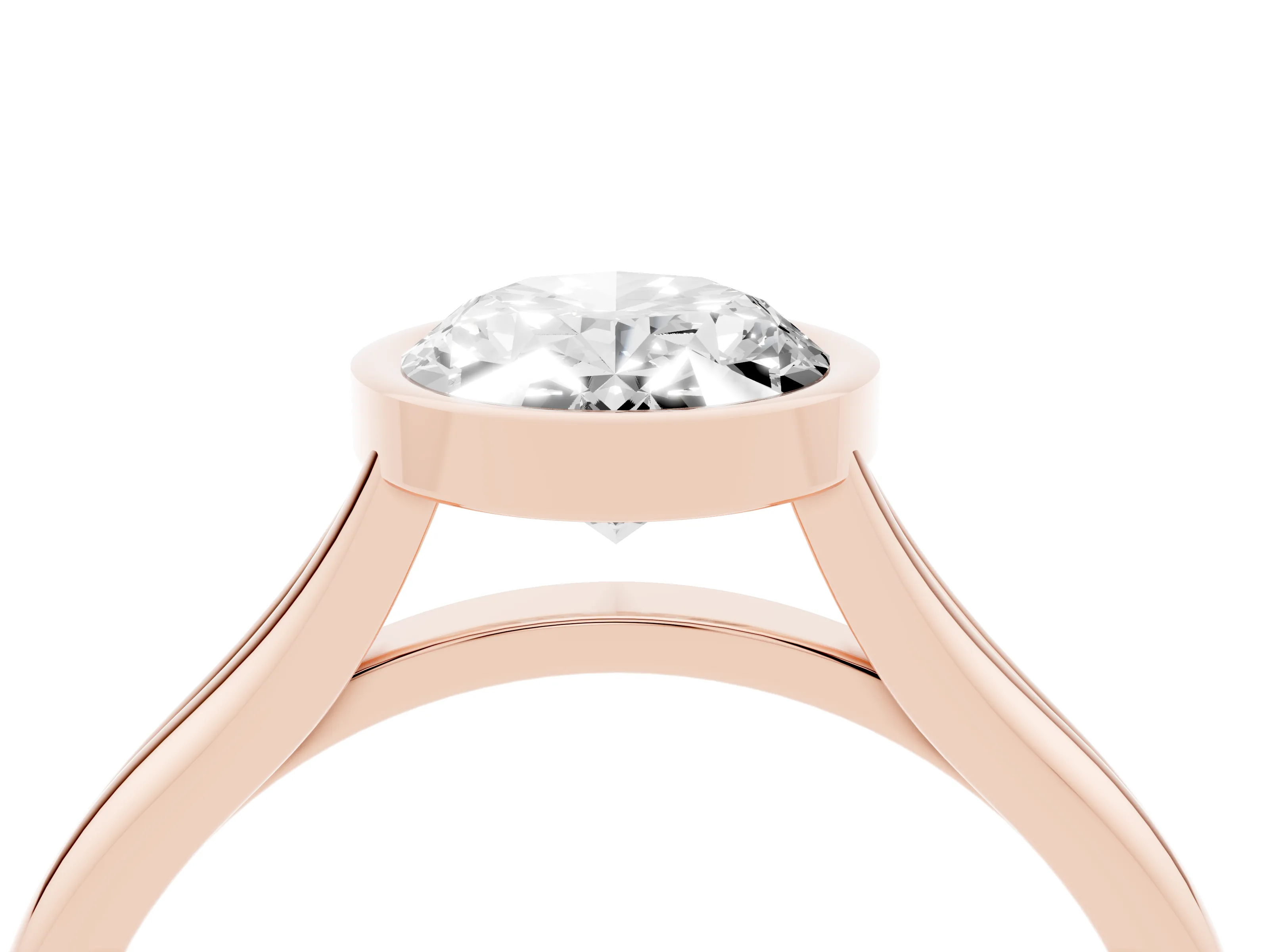Bezel Set Oval Cut Diamond Solitaire Ring Set in Rose gold with Tapered Band